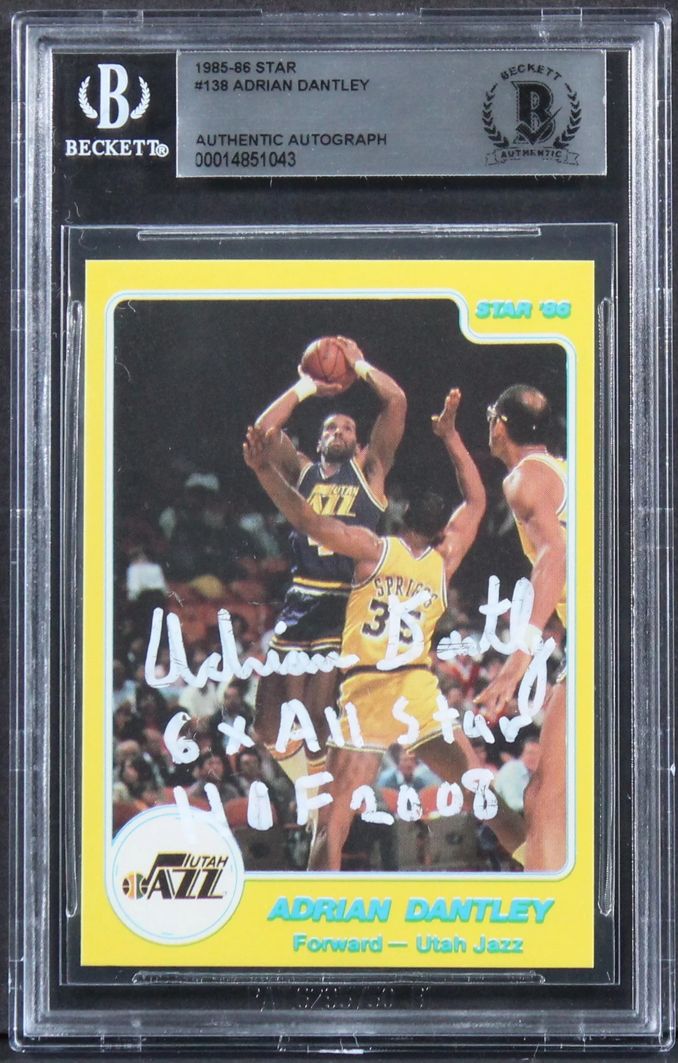Jazz Adrian Dantley "6x All Star, HOF 2008" Signed 1985 Star #138 Card BAS Slab - Image 2
