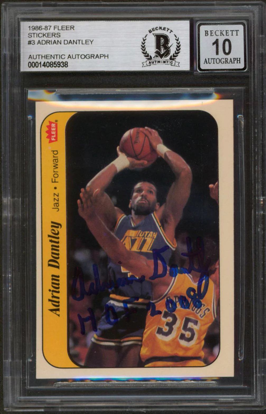 Jazz Adrian Dantley HOF 2008 Signed 1986 Fleer Stickers #3 Card Auto 10 BAS Slab - Image 2
