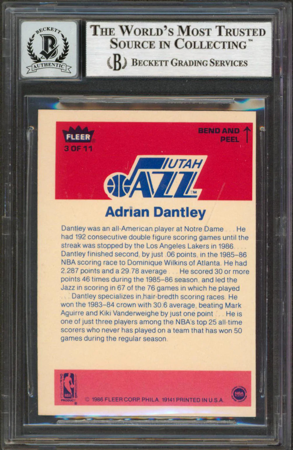 Jazz Adrian Dantley HOF 2008 Signed 1986 Fleer Stickers #3 Card Auto 10 BAS Slab - Image 3