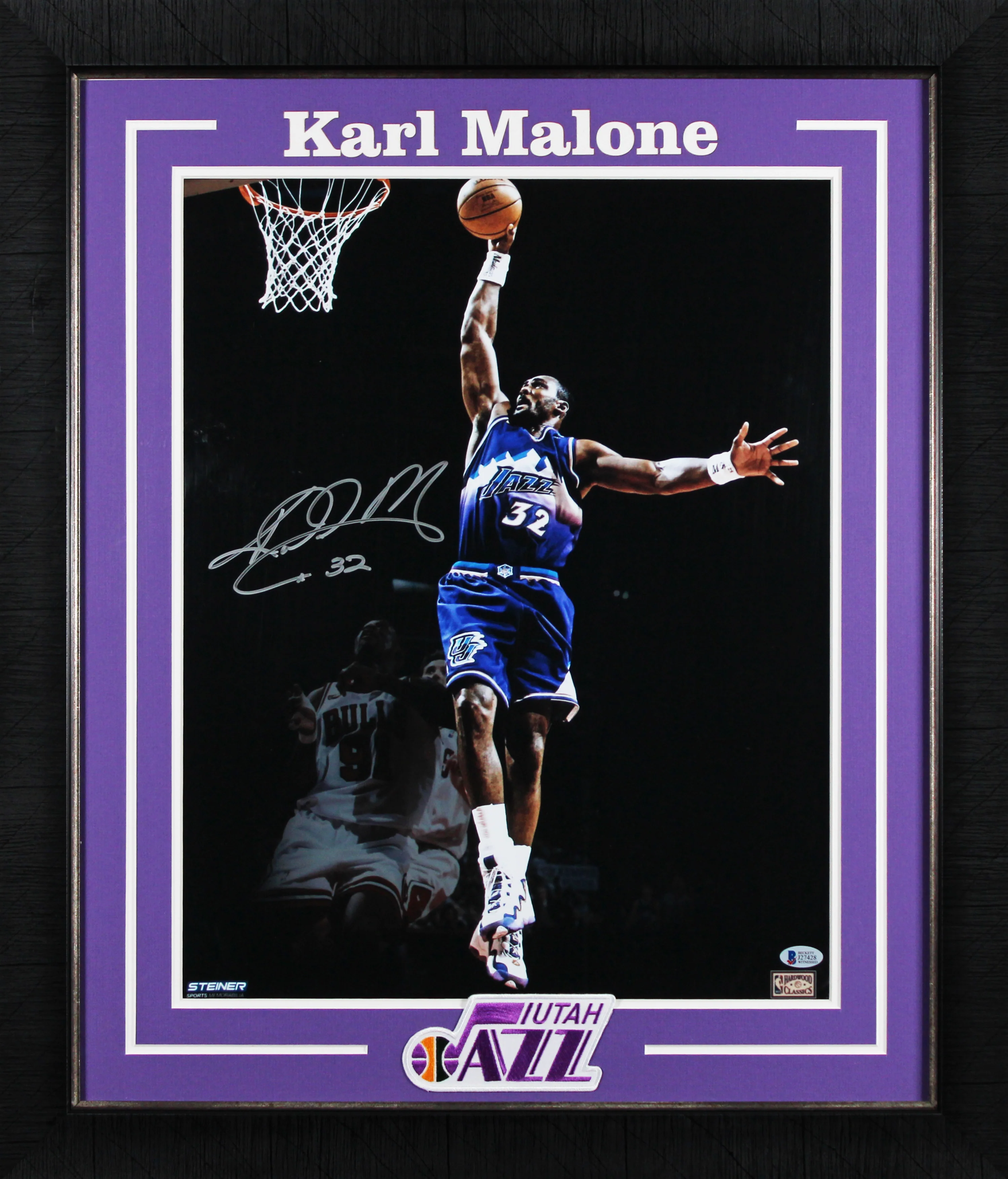 Jazz Karl Malone Signed 16x20 Framed Vertical Spotlight Photo BAS Witnessed - Image 2