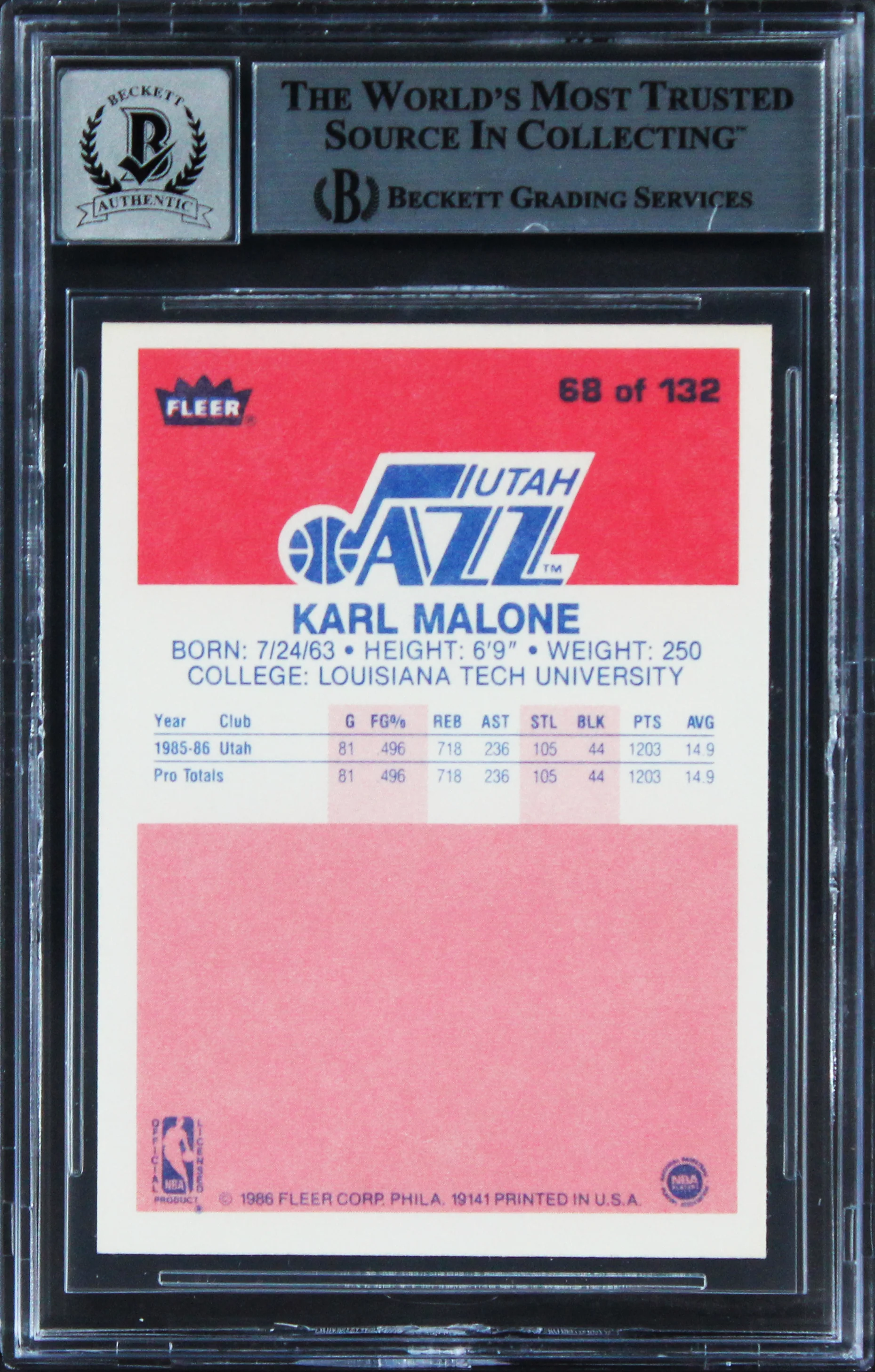 Jazz Karl Malone Signed 1986 Fleer #68 Rookie Card Auto 10! BAS Slabbed - Image 3