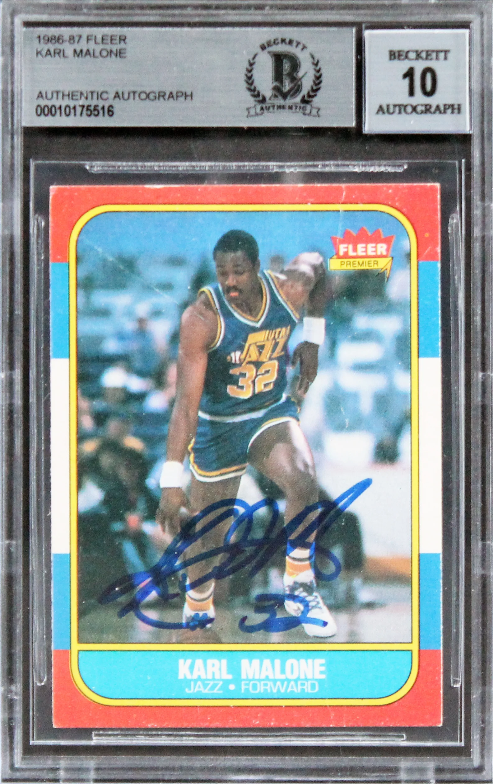 Jazz Karl Malone Signed 1986 Fleer #68 Rookie Card Auto 10! (Creased) BAS Slab - Image 2