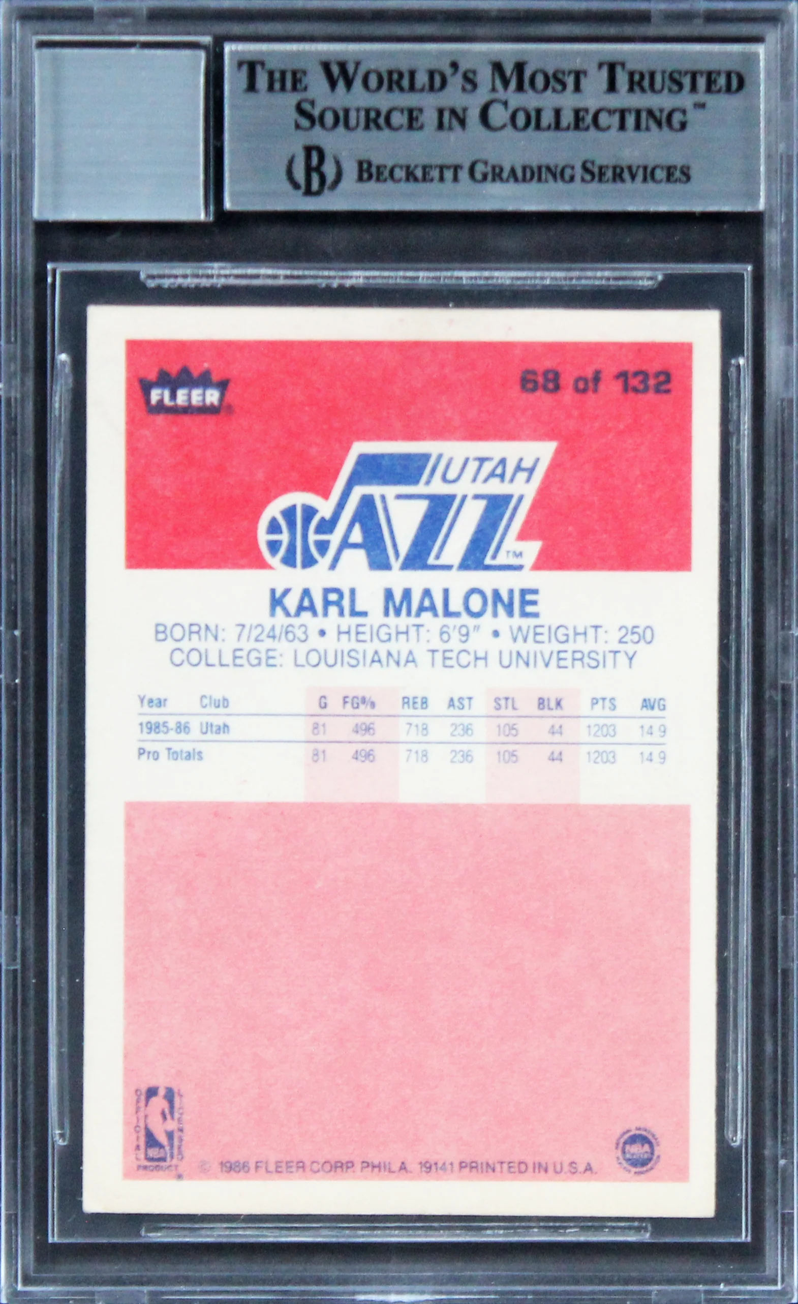 Jazz Karl Malone Signed 1986 Fleer #68 Rookie Card Auto 10! (Creased) BAS Slab - Image 3