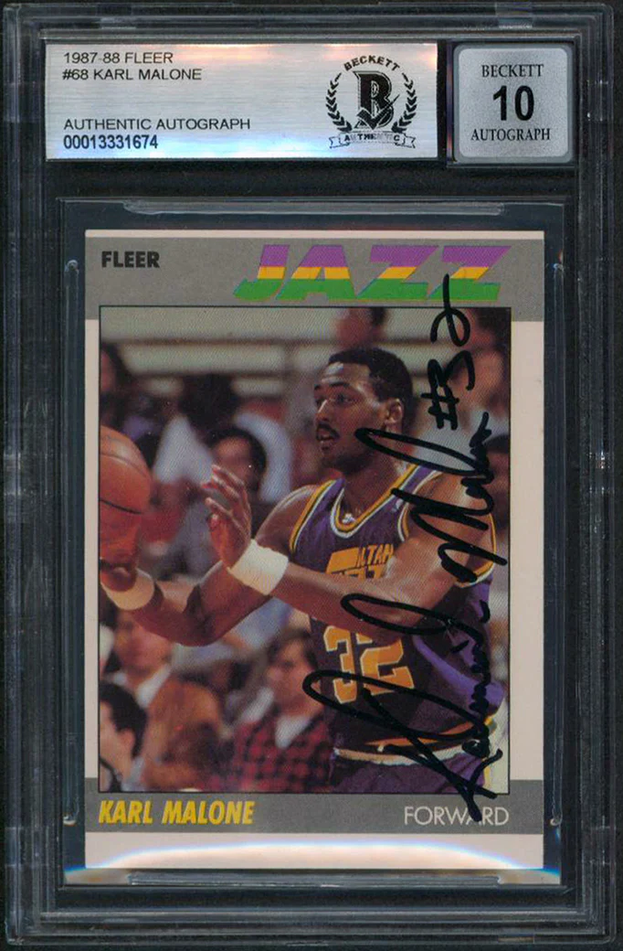 Jazz Karl Malone Signed 1987 Fleer #68 Card Auto 10! w/ Vintage Sig BAS Slabbed - Image 2