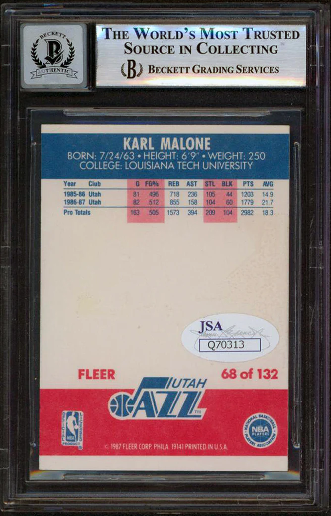 Jazz Karl Malone Signed 1987 Fleer #68 Card Auto 10! w/ Vintage Sig BAS Slabbed - Image 3