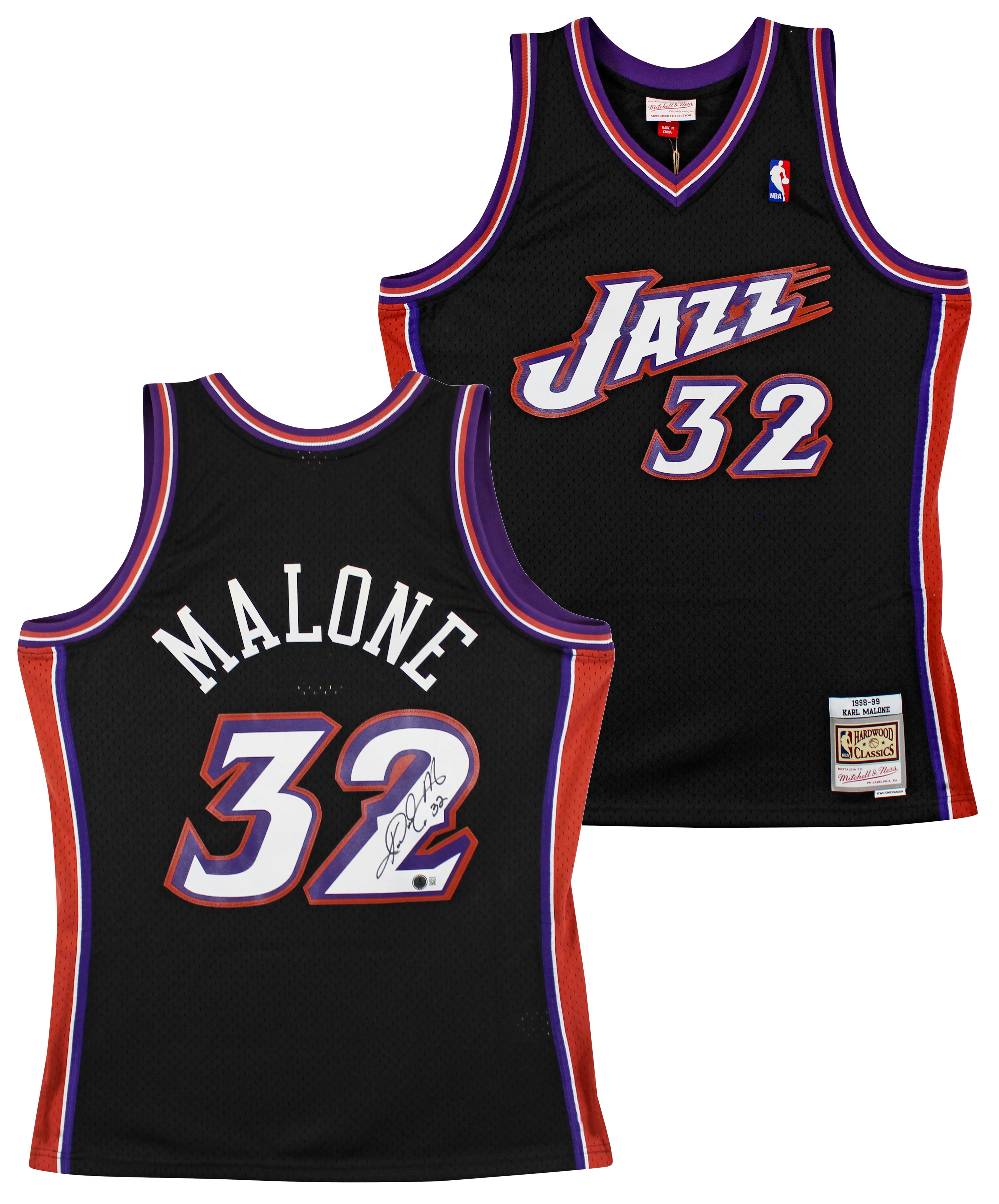 Jazz Karl Malone Signed 1998-99 Black Mitchell & Ness Swingman Jersey BAS Wit - Image 2