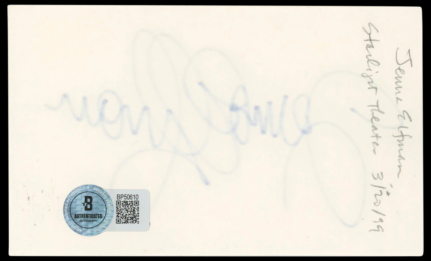 Jenna Elfman Dharma & Greg Authentic Signed 3x5 Index Card BAS #BP50610 - Image 3