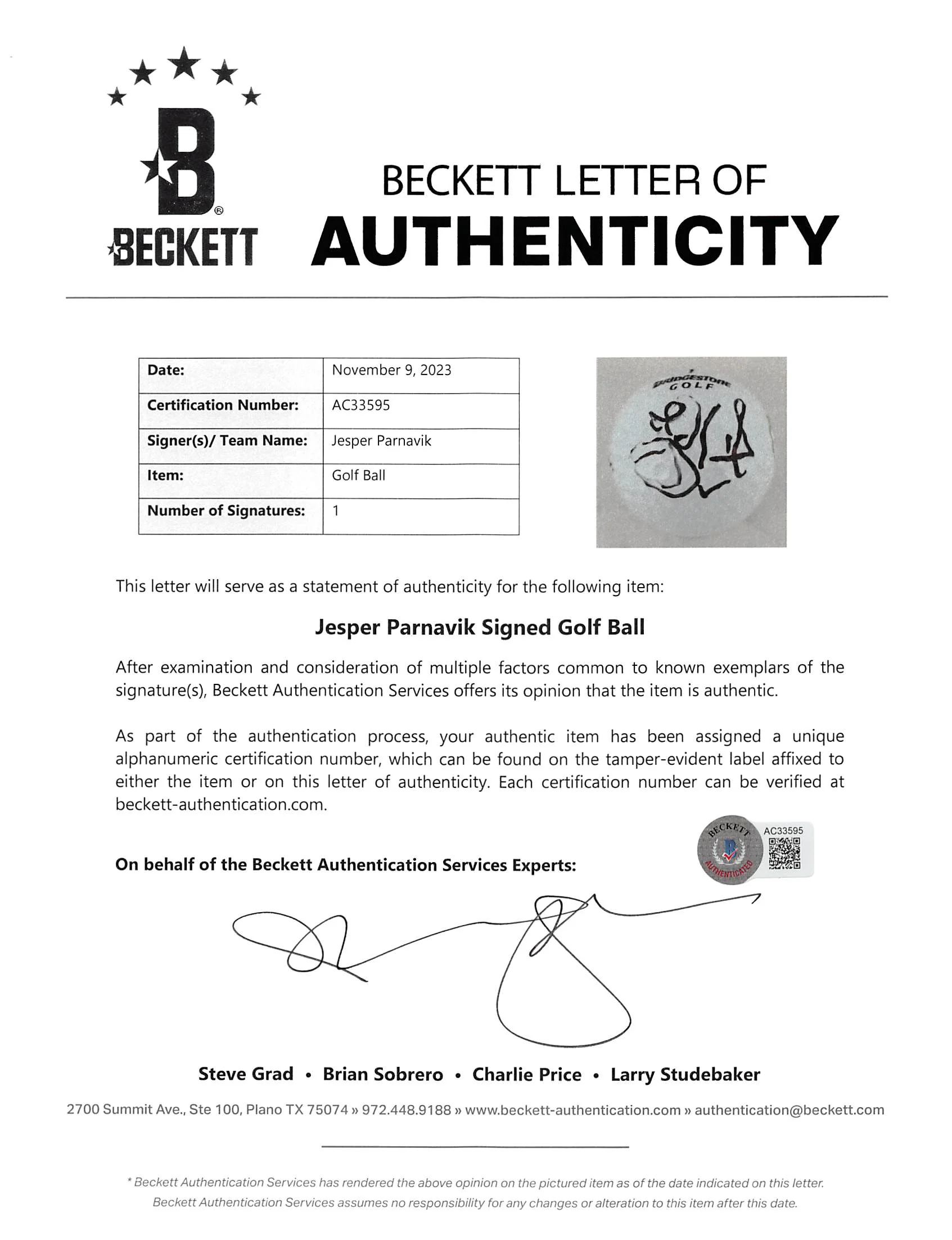 Jesper Parnavik Authentic Signed WM Open Logo Bridgestone Golf Ball BAS #AC33595 - Image 5
