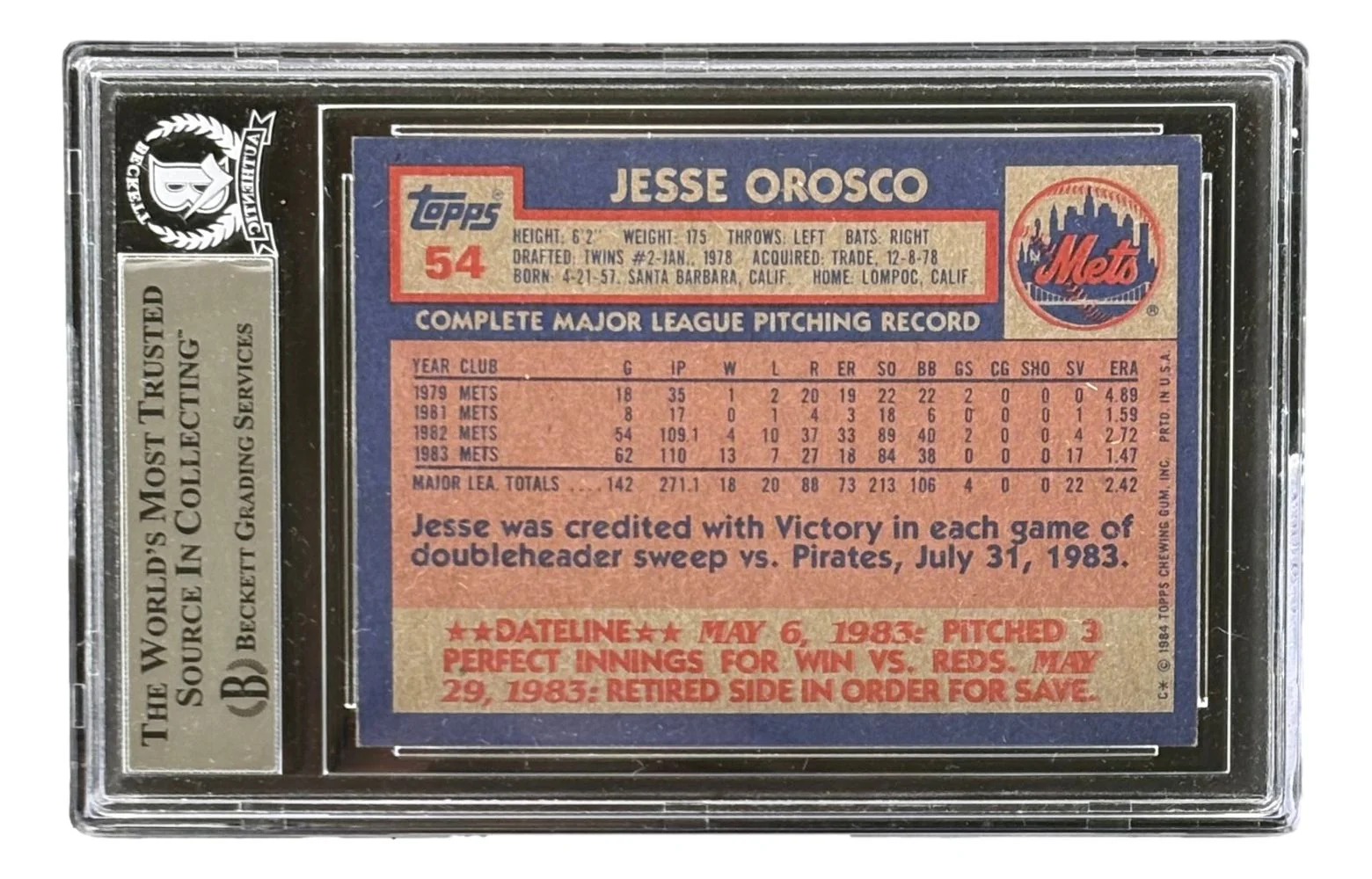 Jesse Orosco Signed 1984 Topps #54 New York Mets Trading Card BAS - Image 2