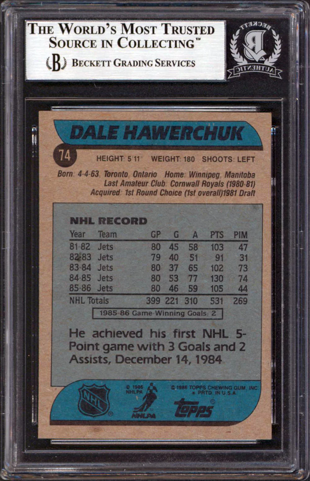 Jets Dale Hawerchuk Signed 1986-87 Topps #74 Card Autographed BAS Slabbed - Image 3