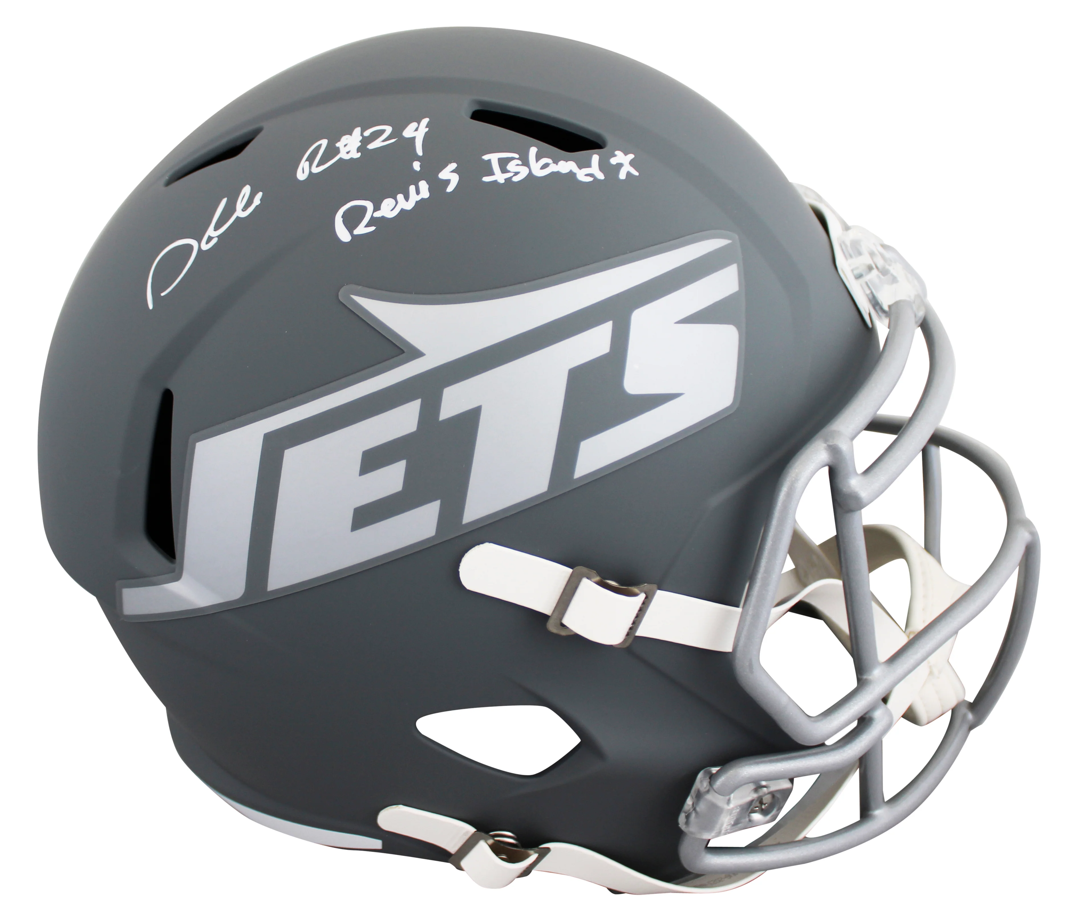 Jets Darrelle Revis "Revis Island" Signed Slate F/S Speed Rep Helmet W/ Case BAS - Image 3