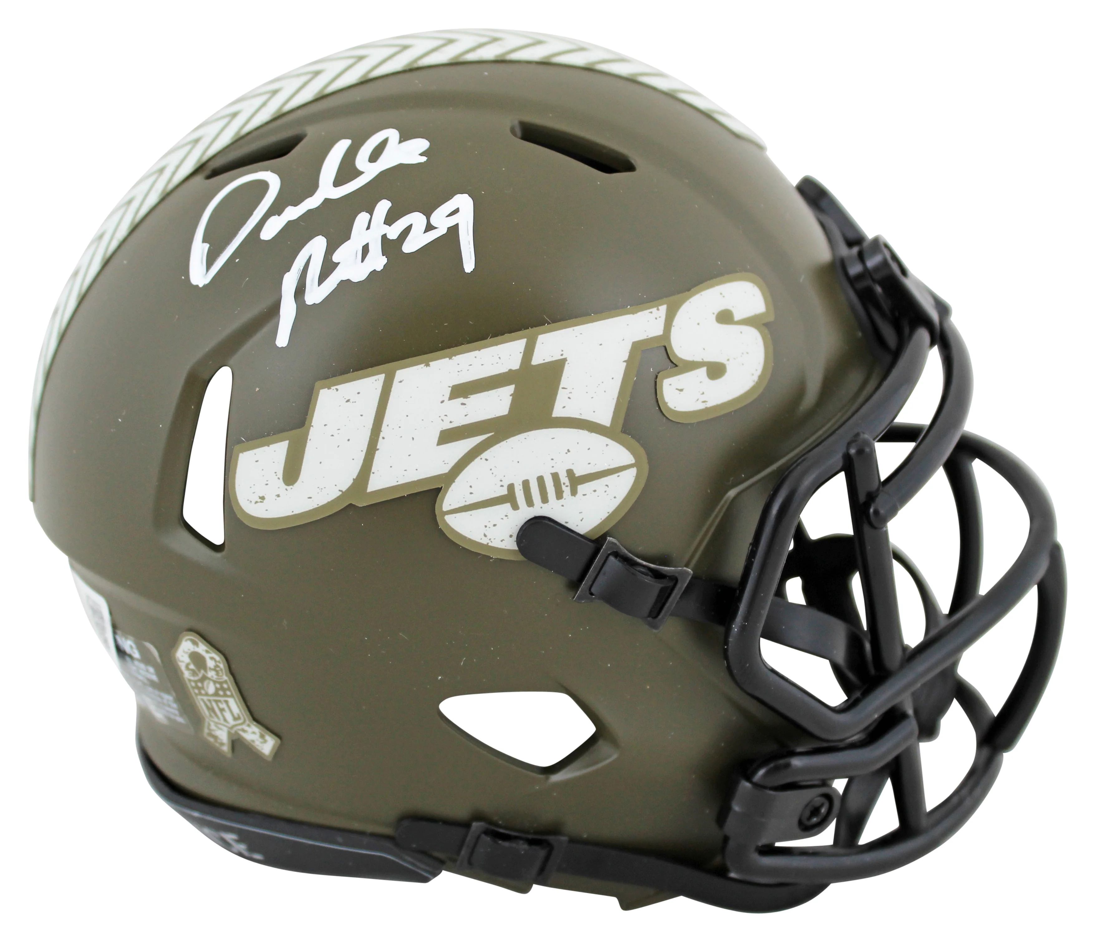 Jets Darrelle Revis Signed Salute To Service Speed Mini Helmet W/ Case BAS Wit - Image 3