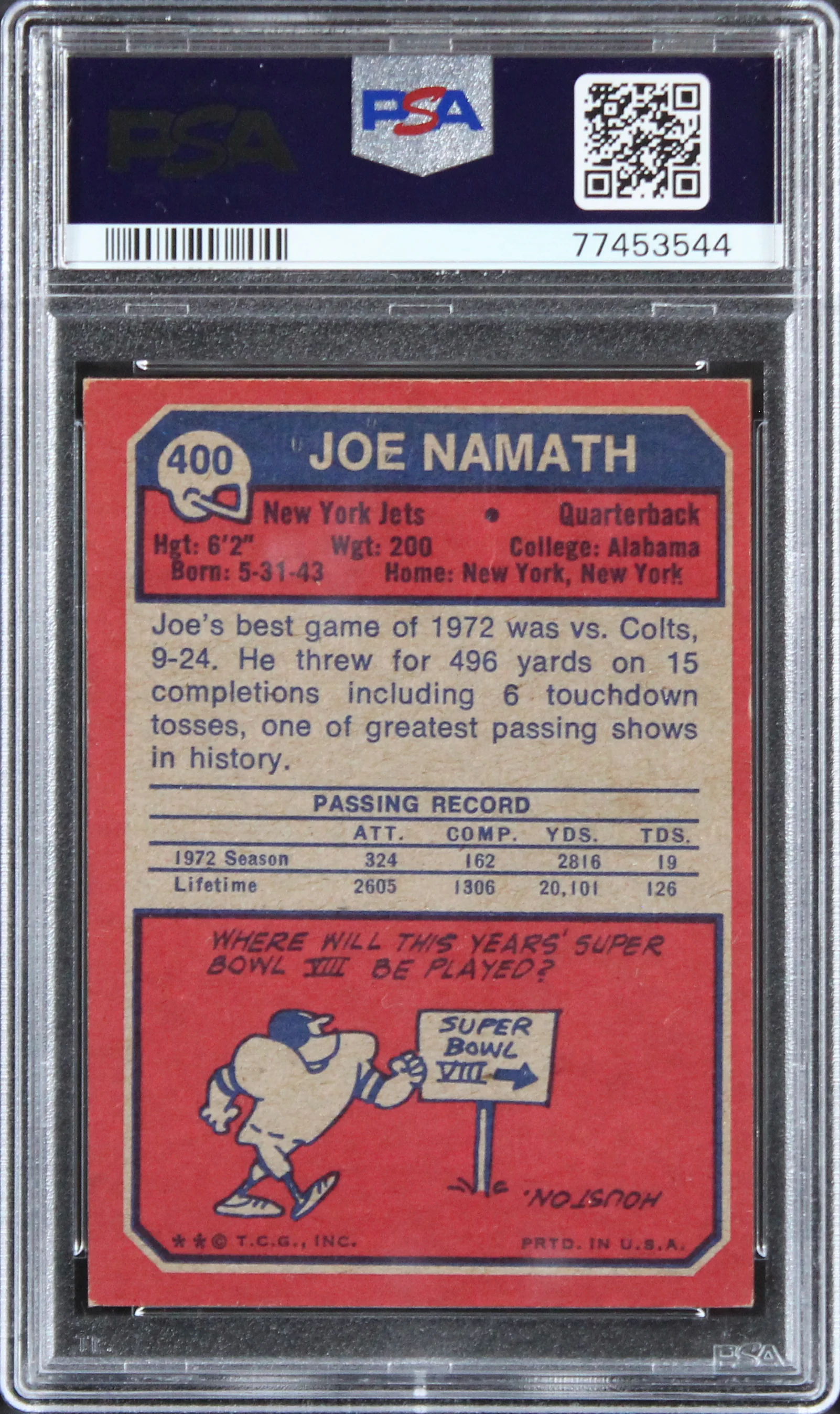 Jets Joe Namath 1973 Topps #400 Card Graded Good-2 PSA Slabbed - Image 3
