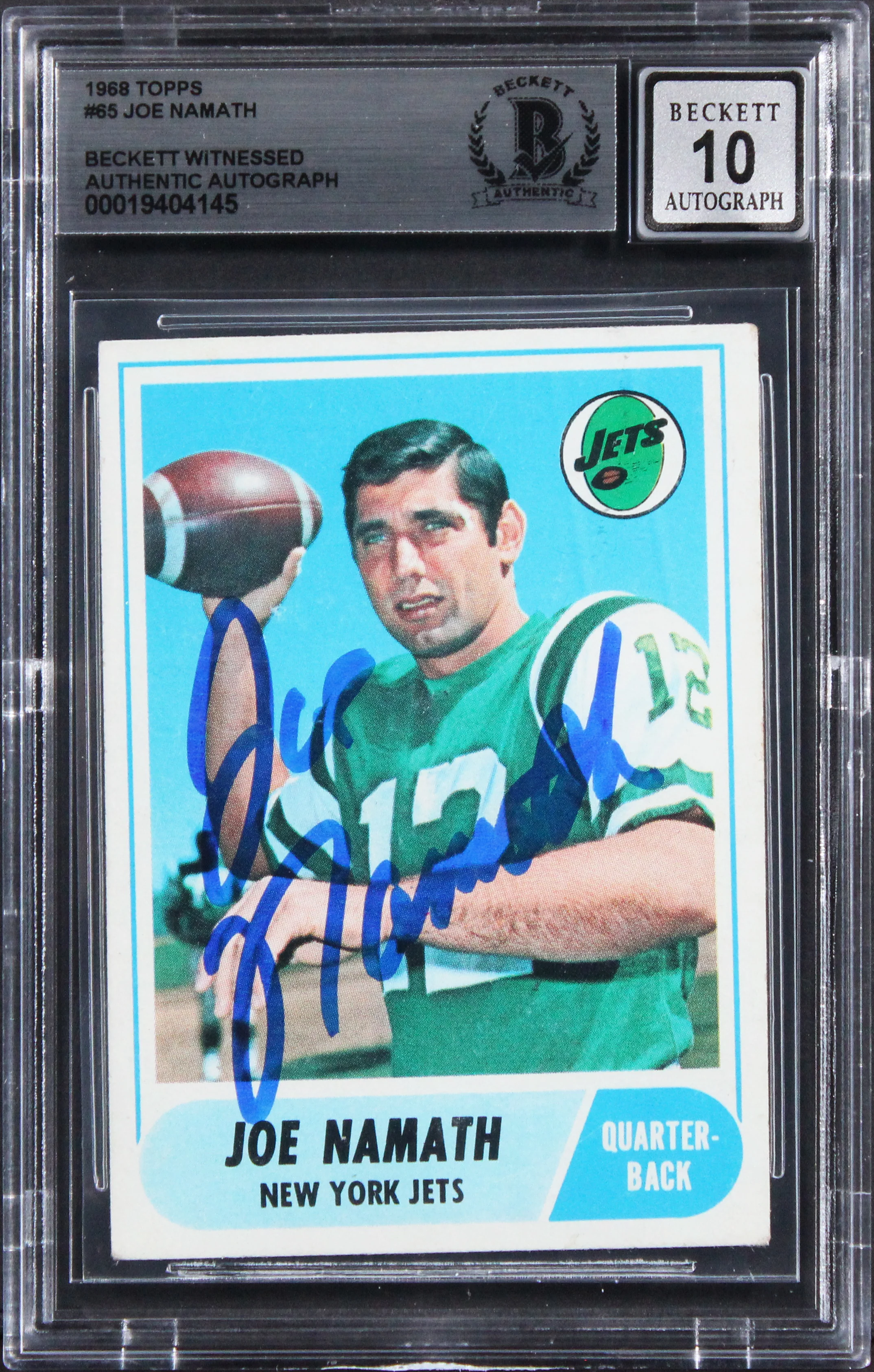 Jets Joe Namath Authentic Signed 1968 Topps #65 Card Auto 10! BAS Slabbed 1 - Image 2