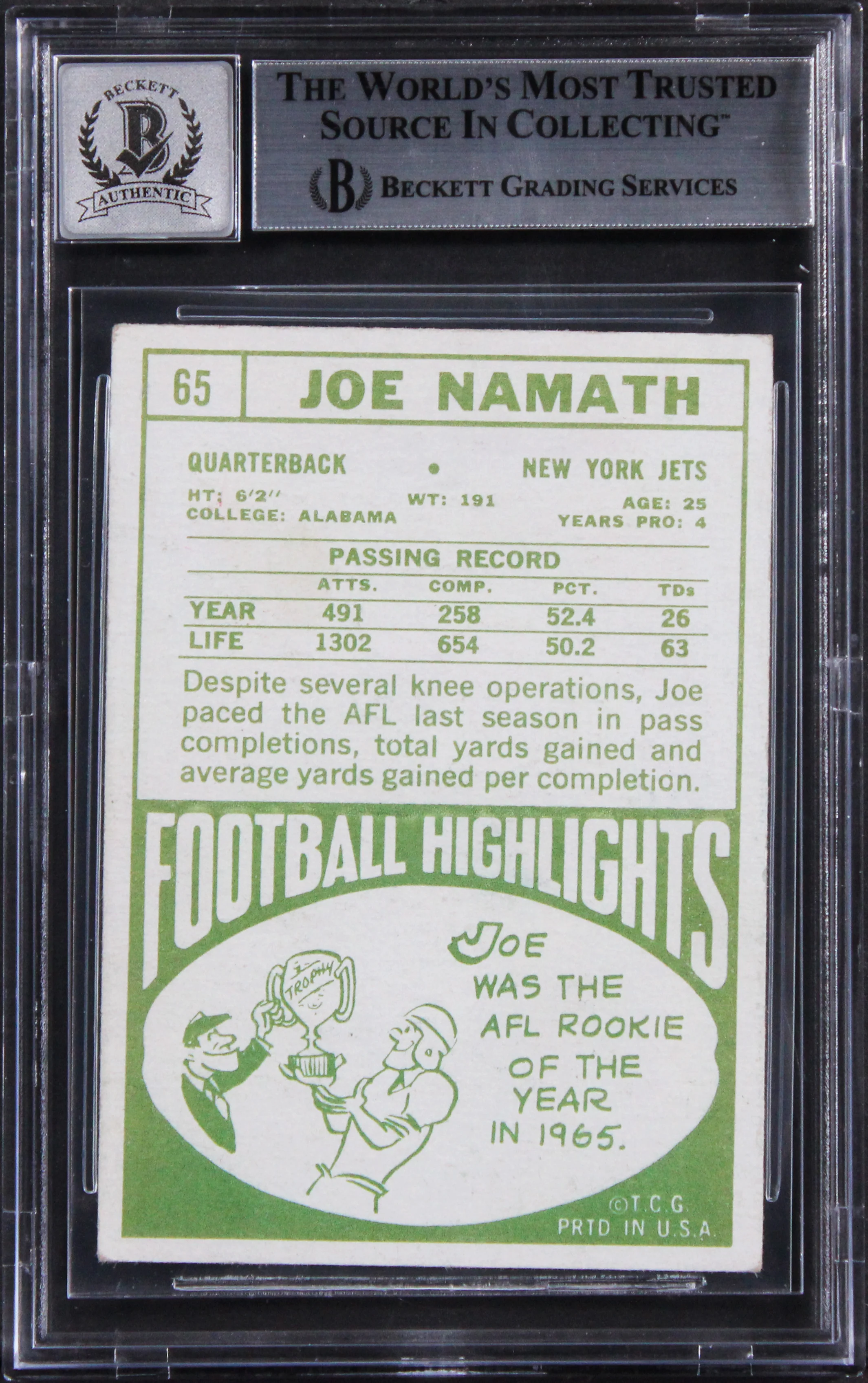 Jets Joe Namath Authentic Signed 1968 Topps #65 Card Auto 10! BAS Slabbed 1 - Image 3