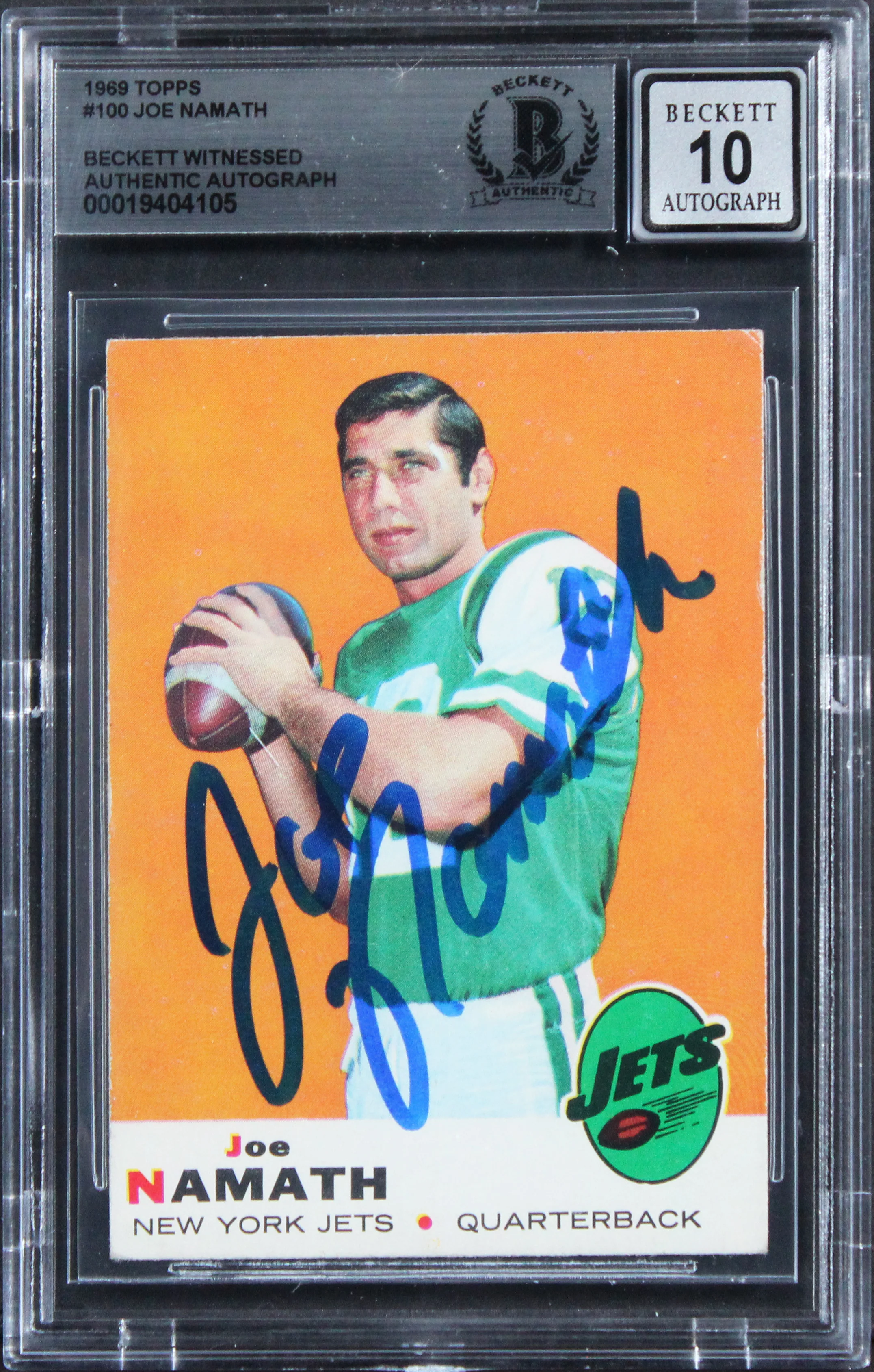 Jets Joe Namath Authentic Signed 1969 Topps #100 Card Auto 10! BAS Slabbed 1 - Image 2