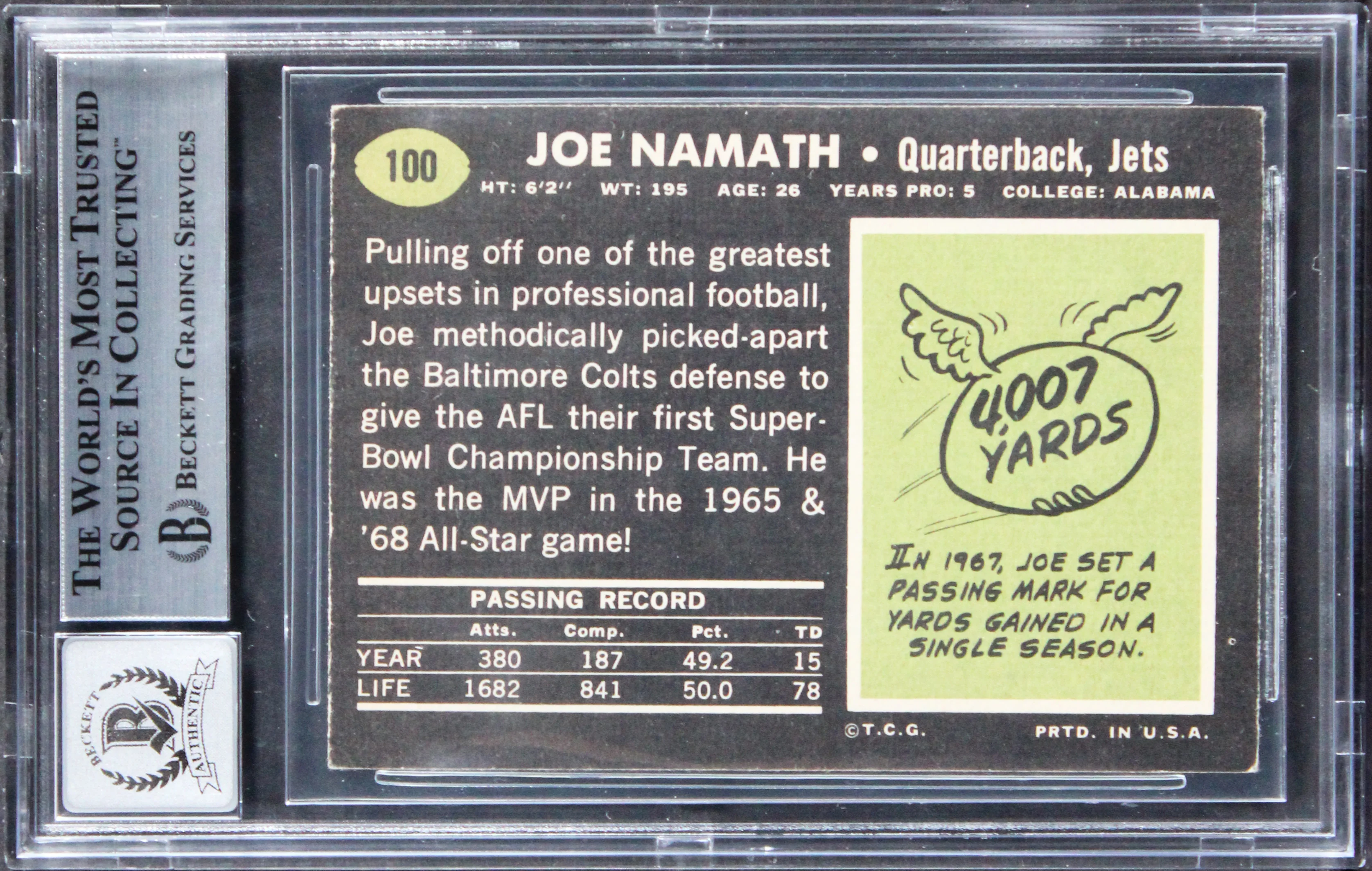 Jets Joe Namath Authentic Signed 1969 Topps #100 Card Auto 10! BAS Slabbed 1 - Image 3