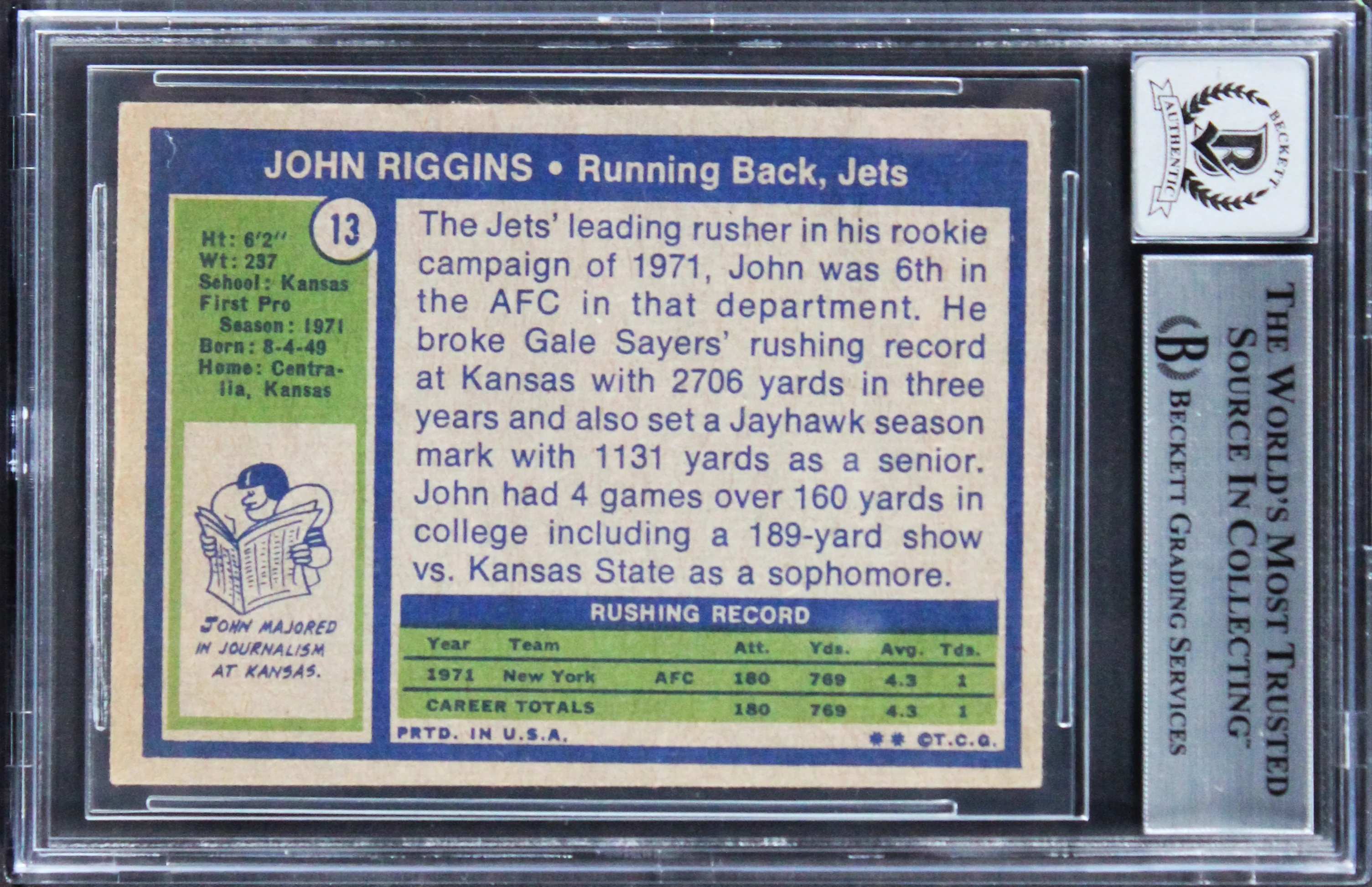Jets John Riggins Signed 1972 Topps #13 Rookie Card Auto Grade 10! BAS Slabbed - Image 3