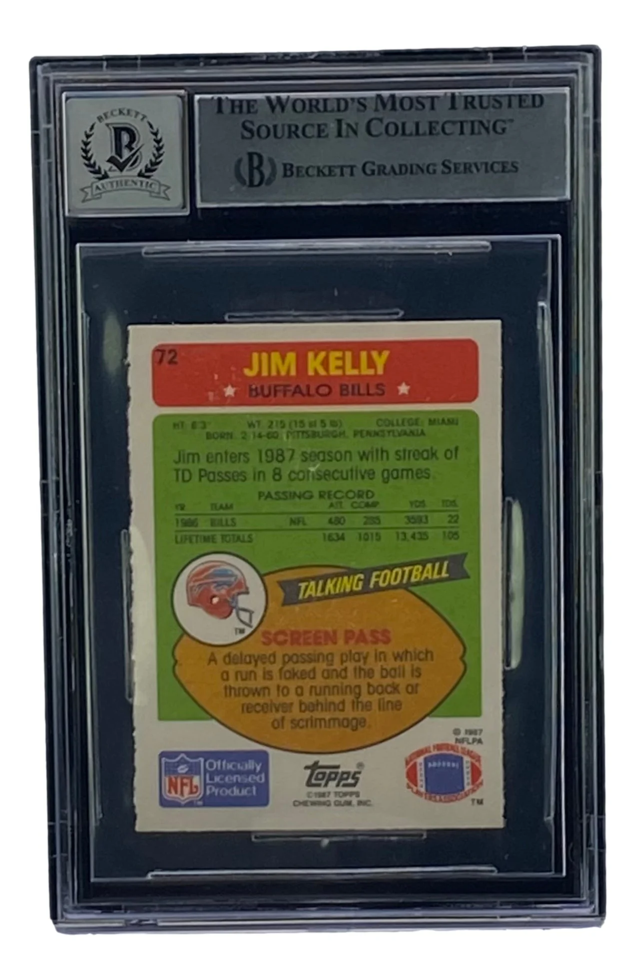 Jim Kelly Signed 1987 Topps #72 Buffalo Bills Rookie Card BAS Auto 10 - Image 2