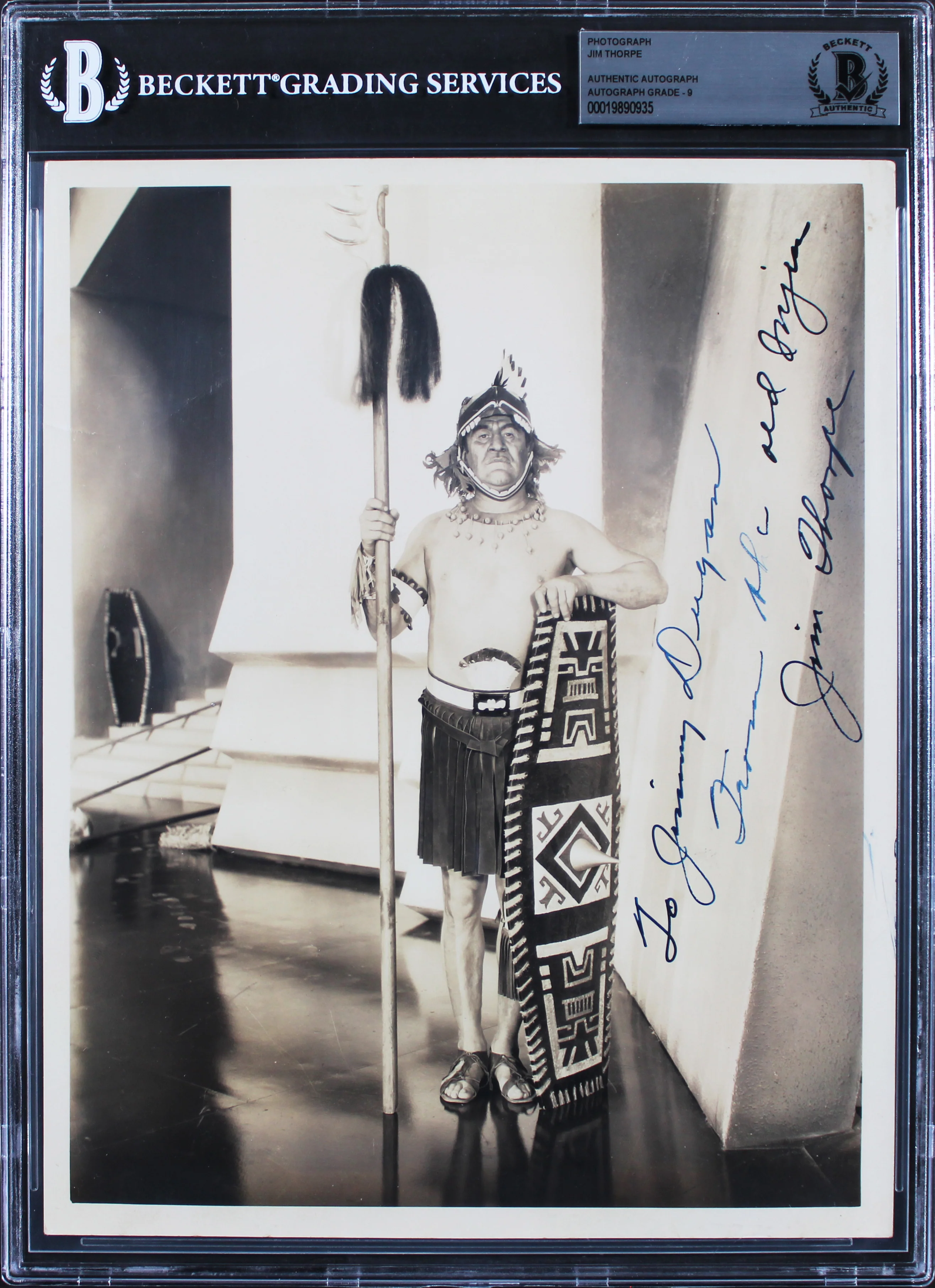 Jim Thorpe "To Jimmy Dugan" Signed 8x10 Photo Auto Graded Mint 9! BAS Slabbed