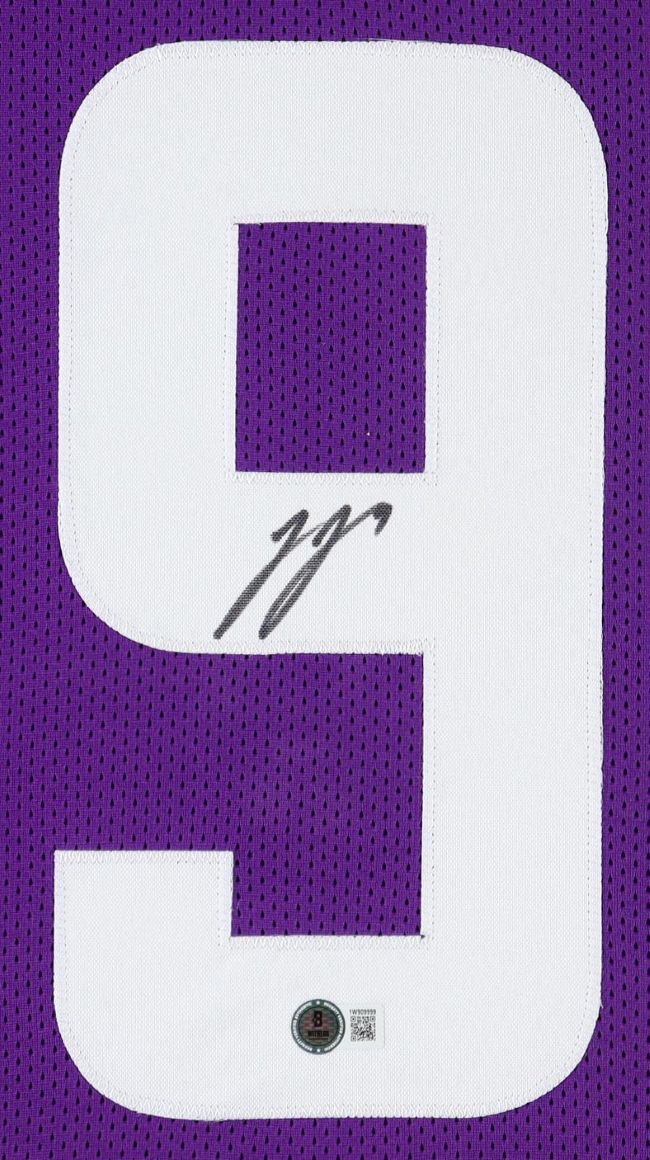 JJ McCarthy Minnesota Signed Framed Purple Football Jersey BAS - Image 2
