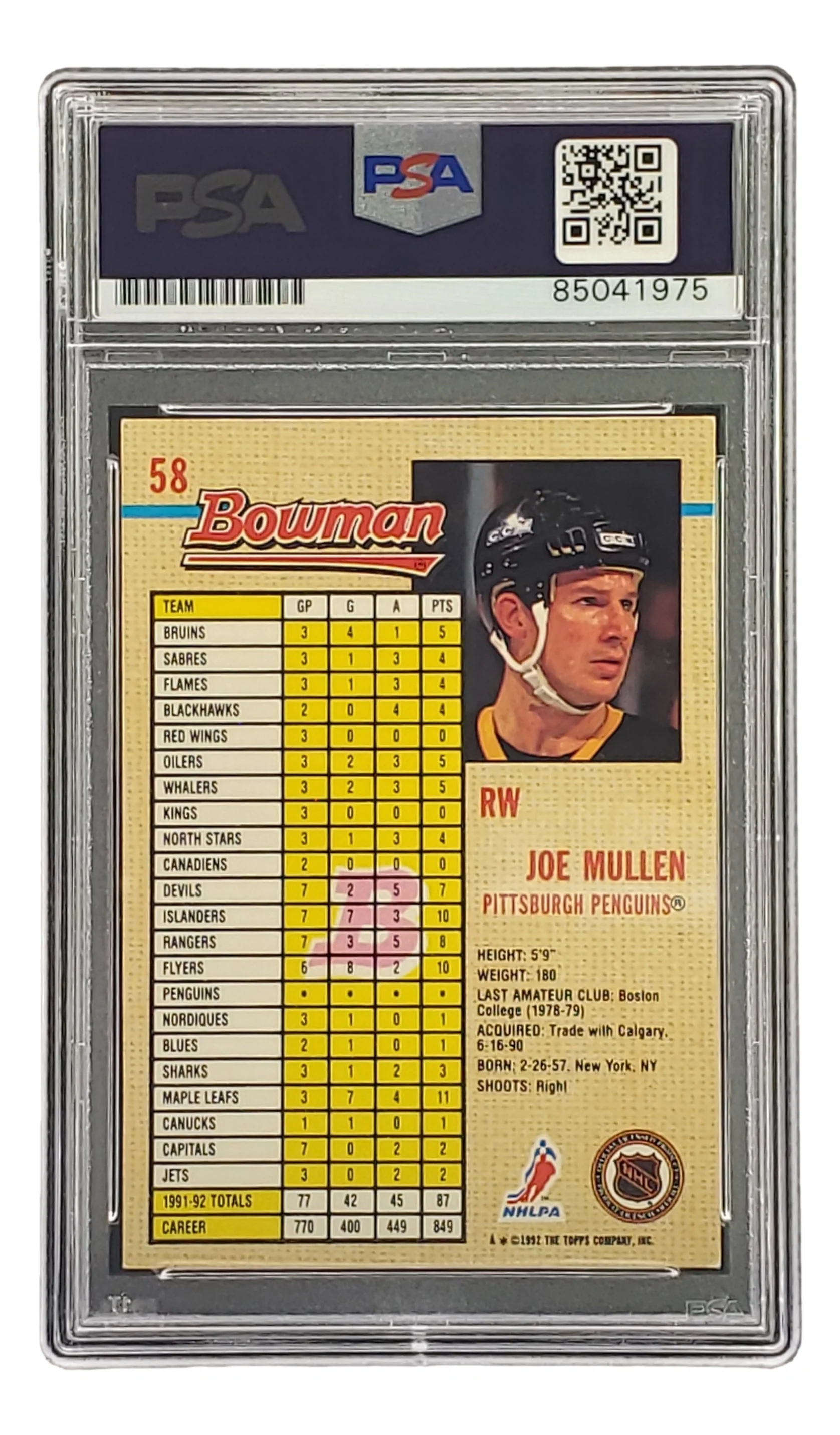 Joe Mullen Signed 1992 Bowman #58 Pittsburgh Penguins Hockey Card PSA/DNA - Image 2