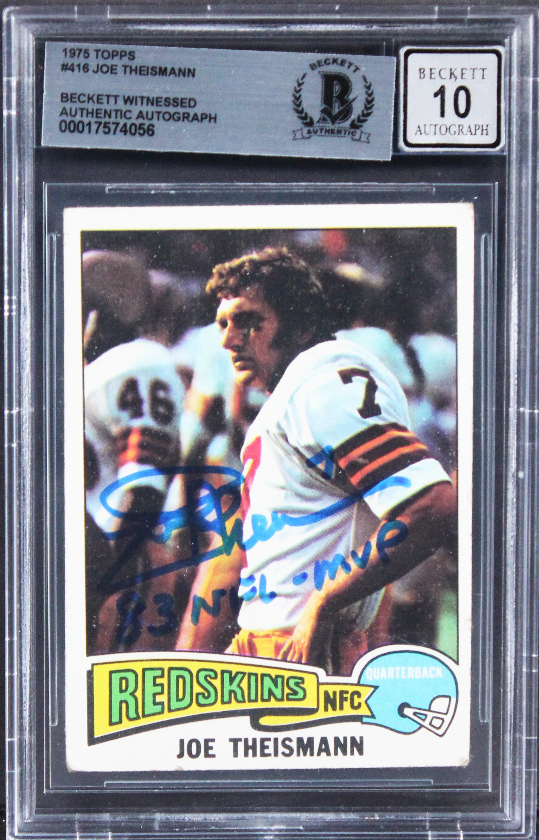 Joe Theismann "83 NFL MVP" Signed 1975 Topps #416 Card Auto 10! BAS Slabbed - Image 2