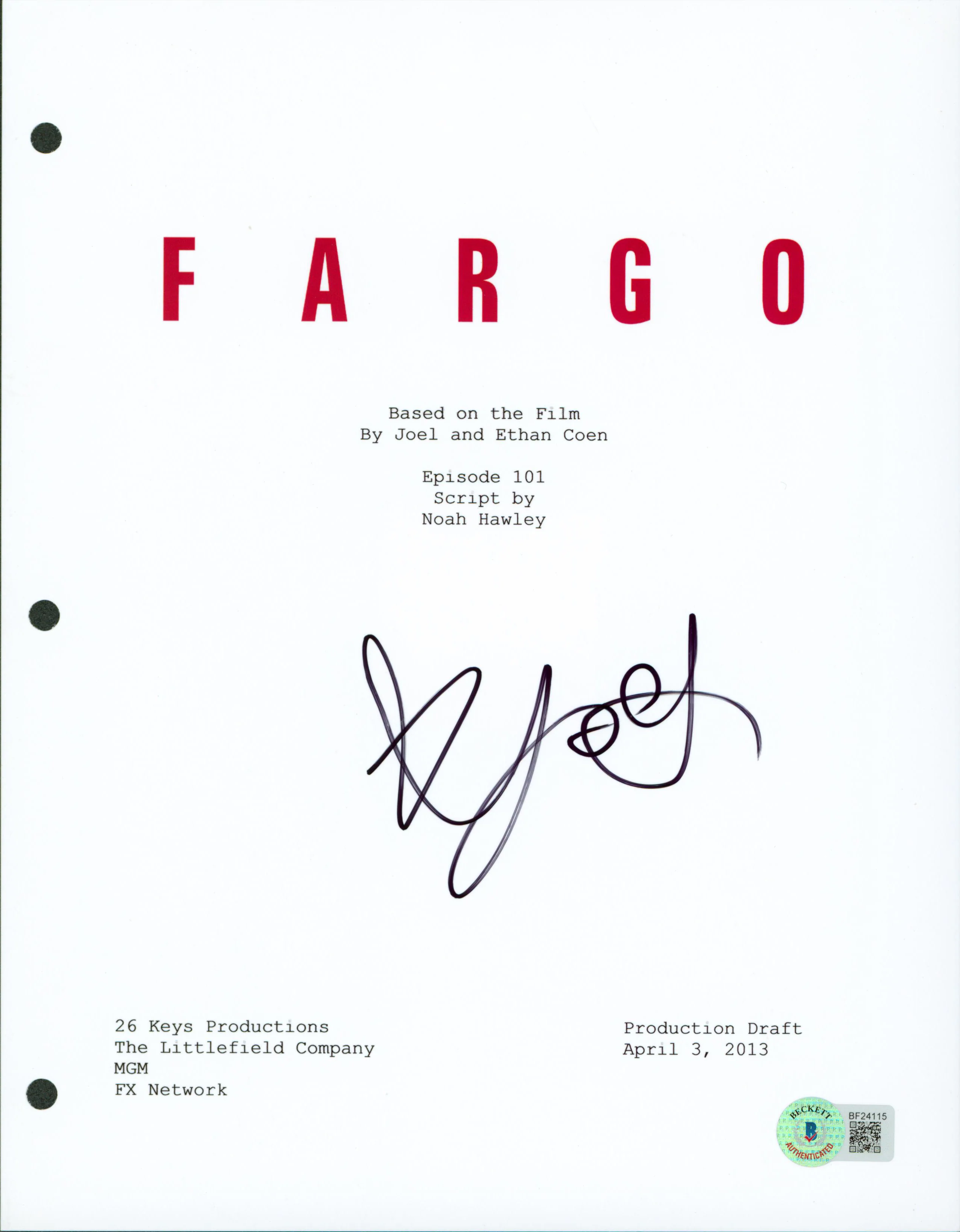 Joey King Fargo Authentic Signed 8.5x11 Fargo Script Cover BAS #BF24115 - Image 2