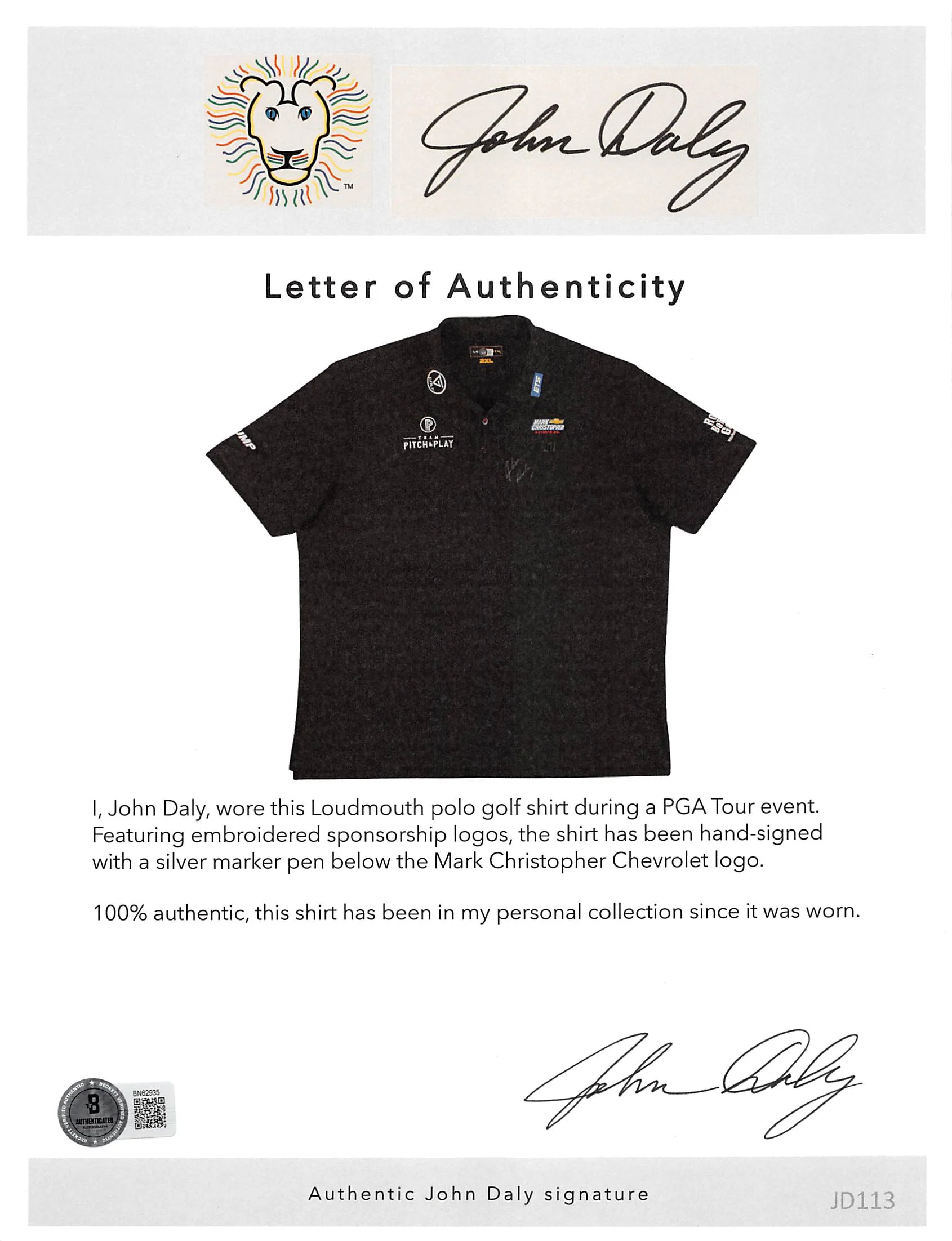 John Daly Authentic Signed Match Worn Black Loudmouth Polo Shirt BAS #BK84770 - Image 9