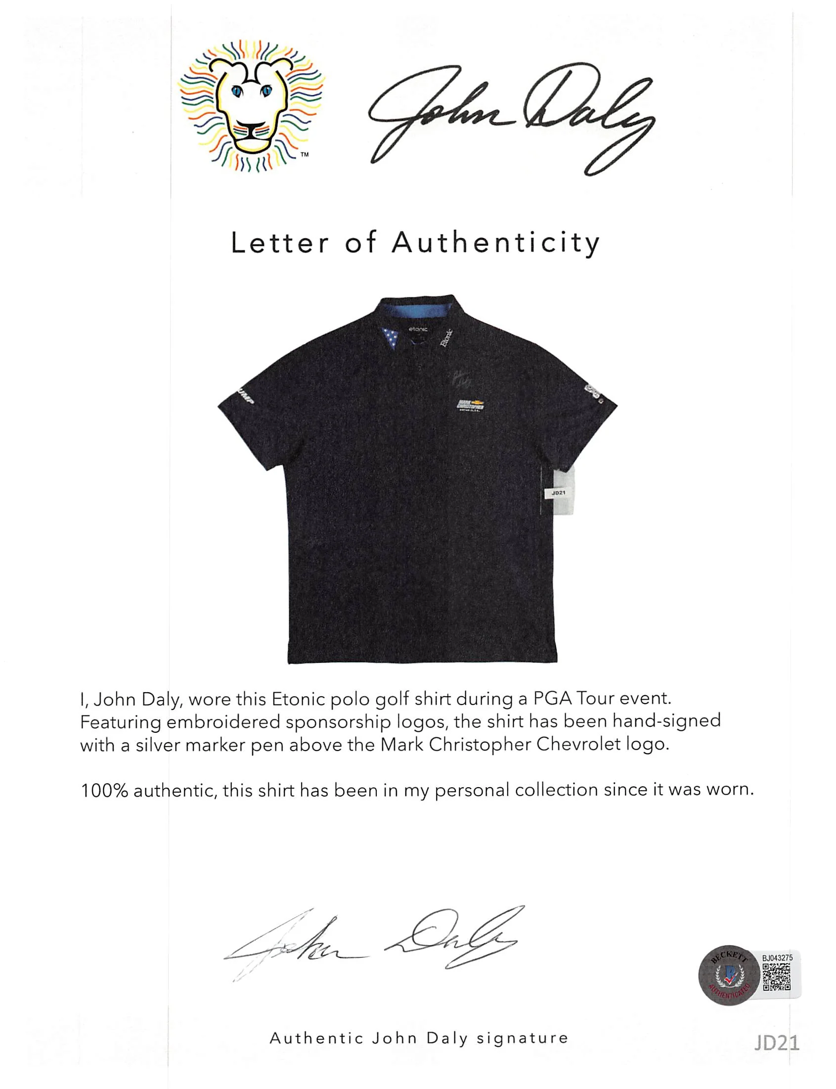 John Daly Authentic Signed Match Worn Blue FOH Polo Shirt BAS #BH00363 - Image 7