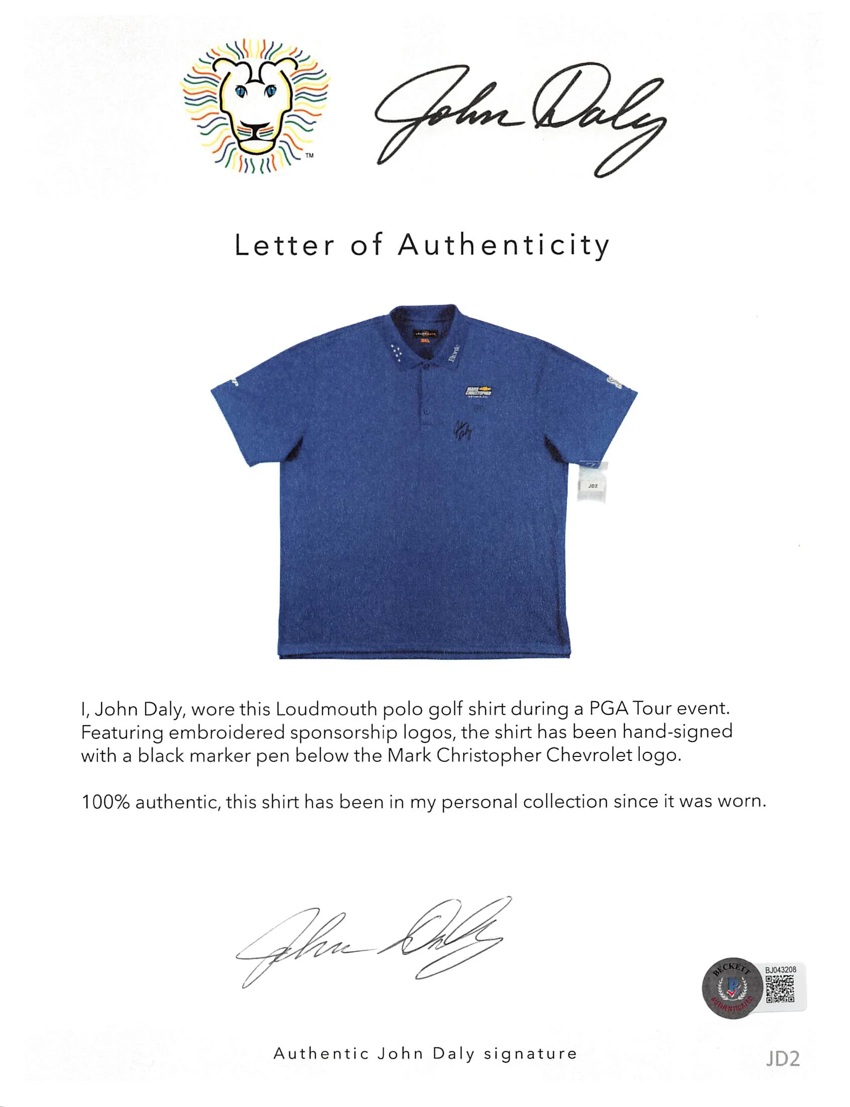 John Daly Authentic Signed Match Worn Blue Loudmouth Polo Shirt BAS #BH00365 - Image 5