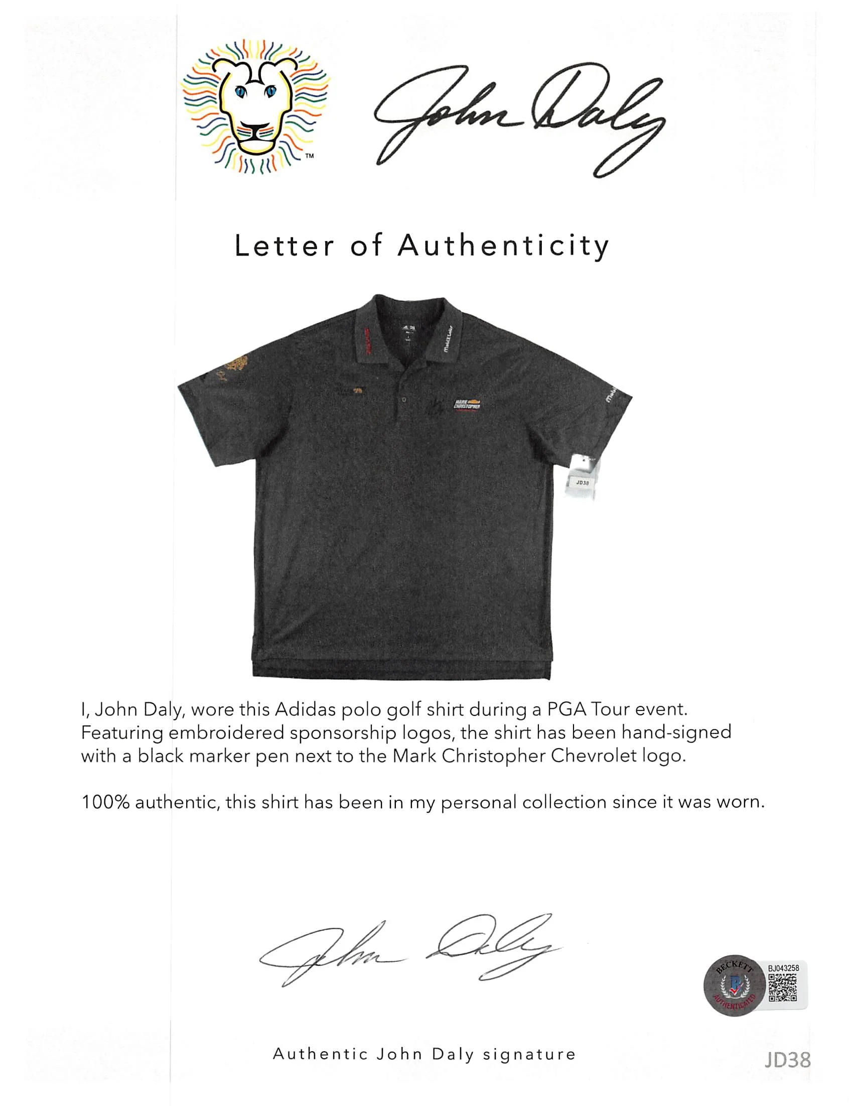 John Daly Authentic Signed Match Worn Gray Adidas Polo Shirt BAS #BH00372 - Image 6