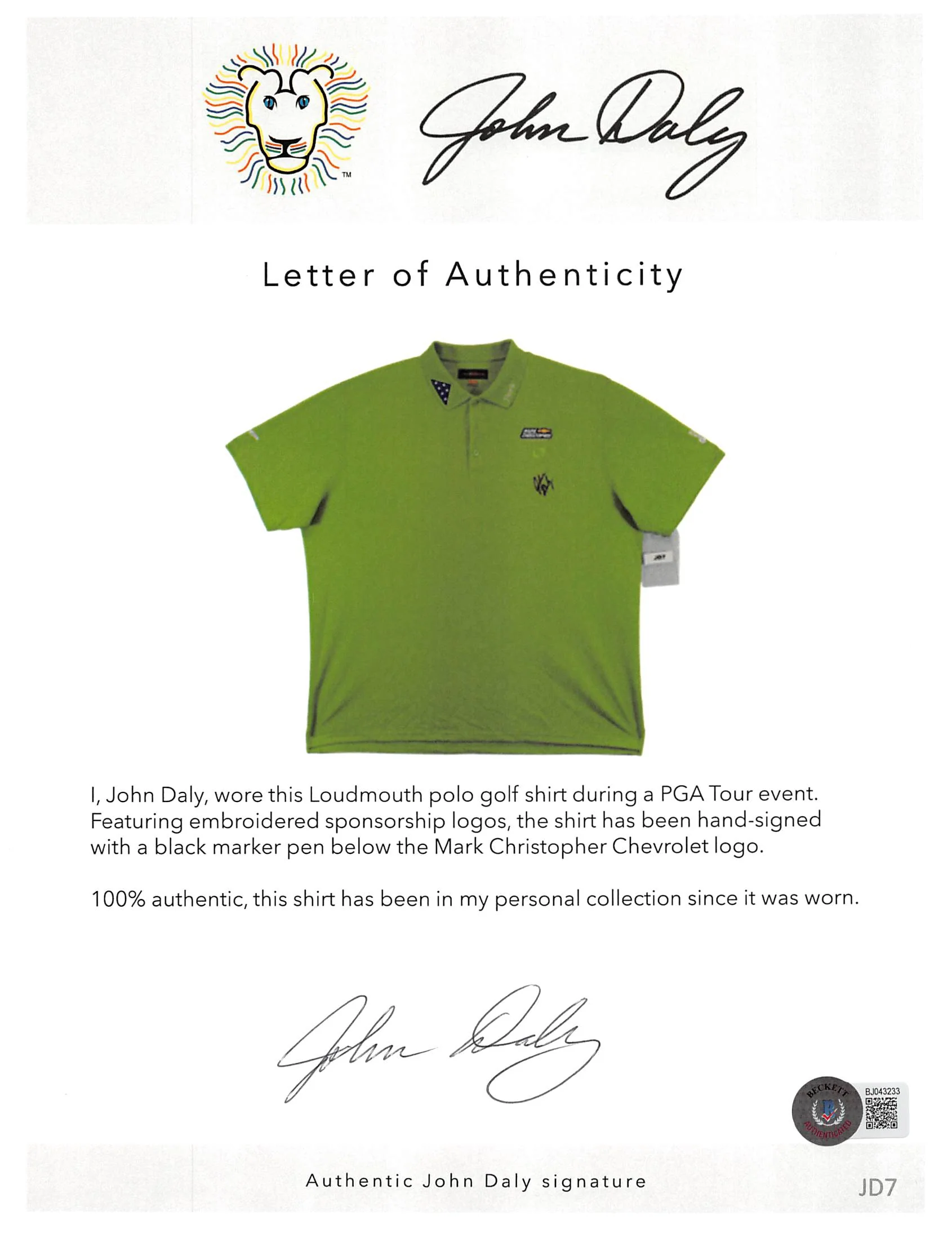 John Daly Authentic Signed Match Worn Green Loudmouth Polo Shirt BAS #JD7BH00373 - Image 6