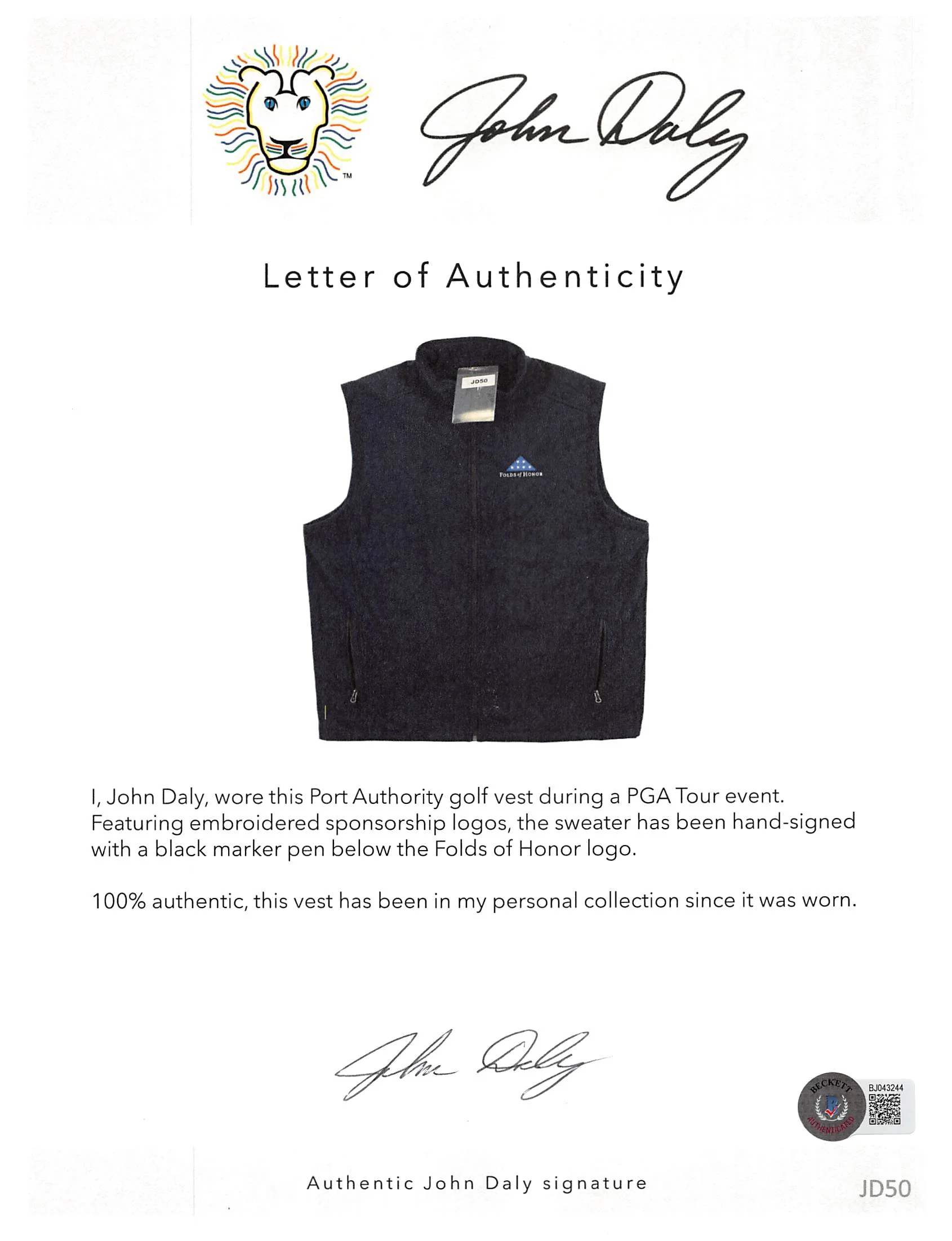 John Daly Authentic Signed Match Worn Navy Folds of Honor Vest BAS #BH00319 - Image 4