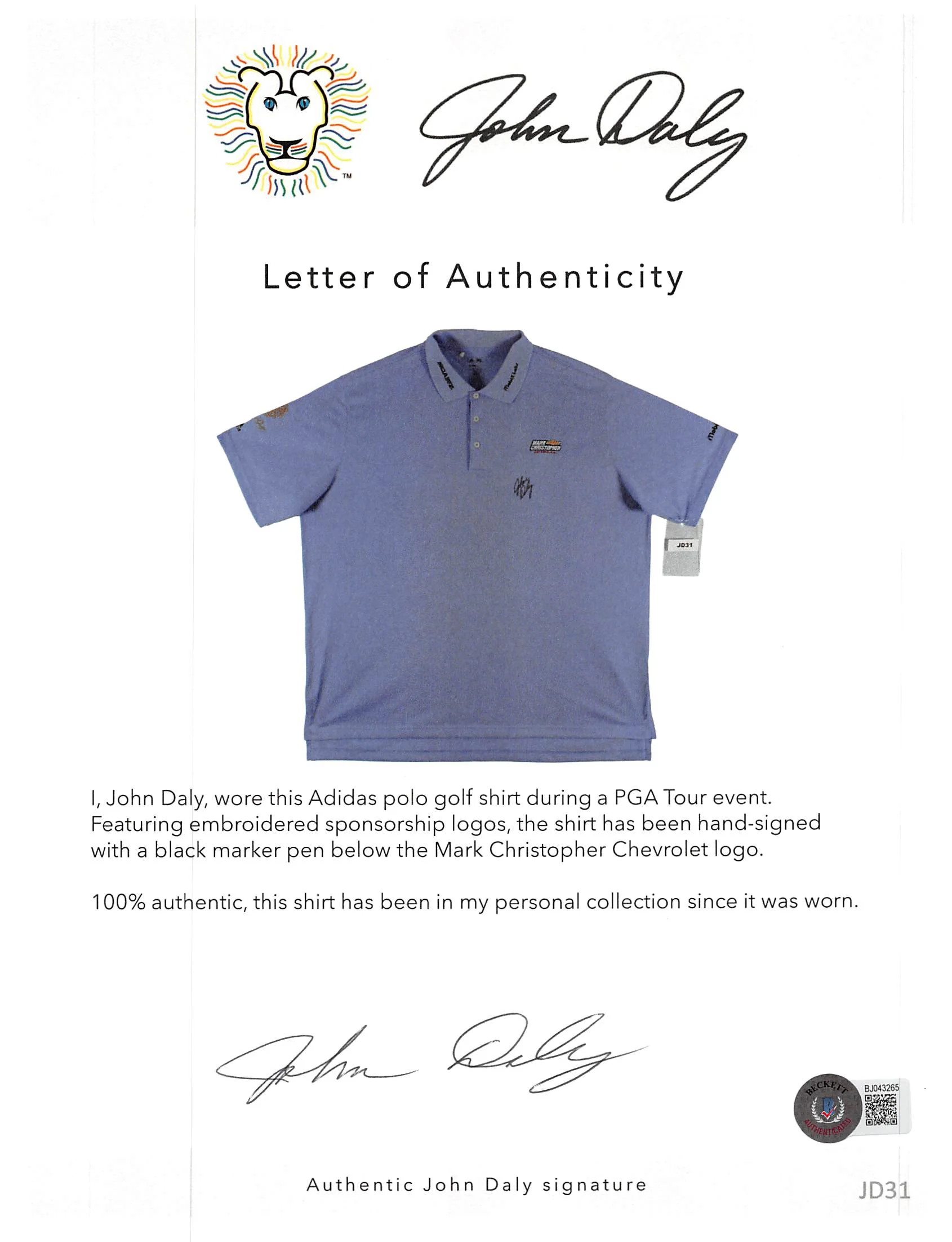 John Daly Authentic Signed Match Worn Purple Adidas Polo Shirt BAS #BH00362 - Image 6