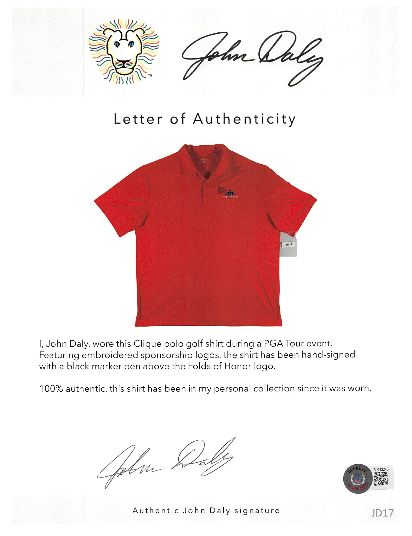 John Daly Authentic Signed Match Worn Red FOH Clique Polo Shirt BAS #BH00355 - Image 5