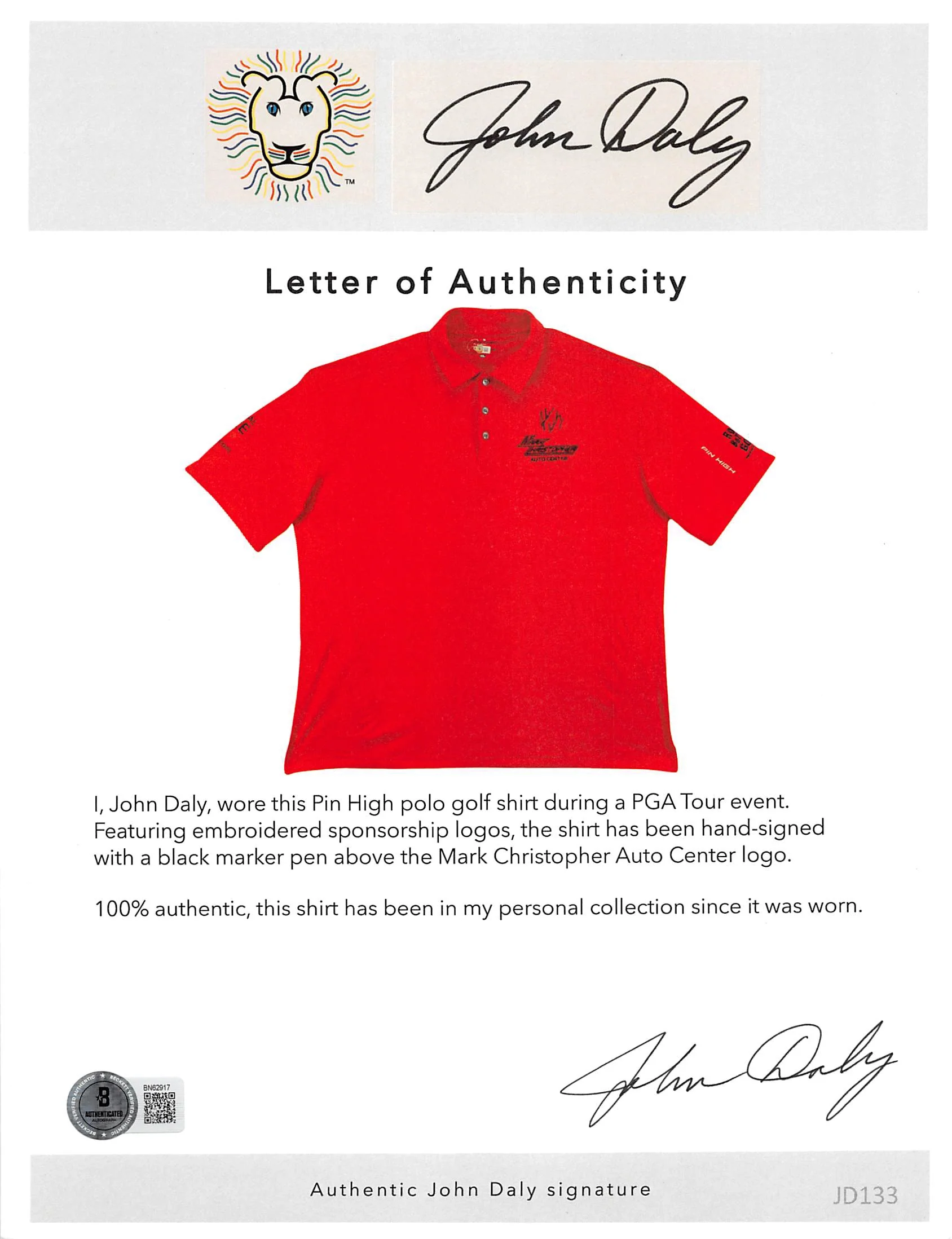 John Daly Authentic Signed Match Worn Red Pin High Polo Shirt BAS #BK84732JD133 - Image 9