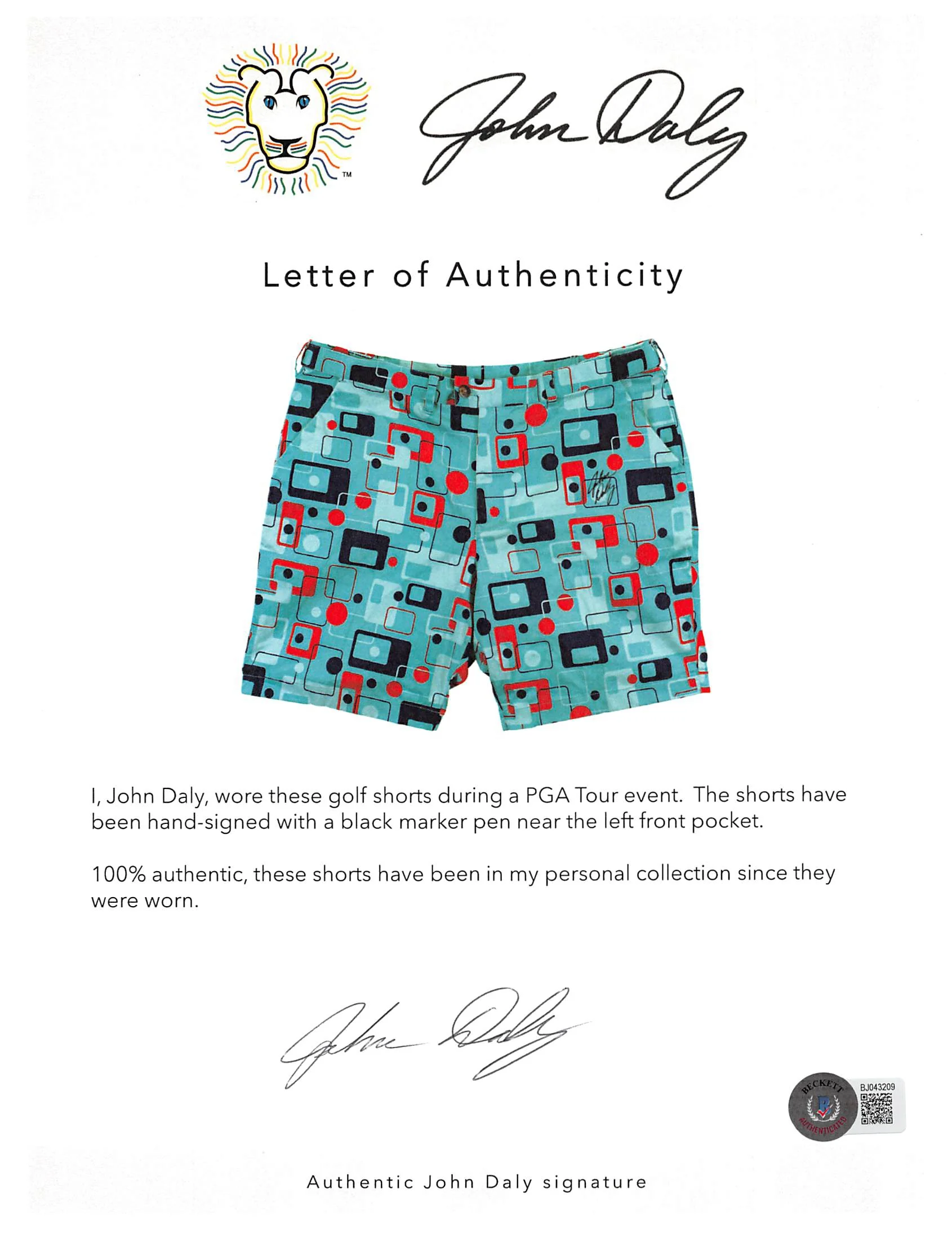 John Daly Authentic Signed Match Worn Teal Loudmouth Golf Shorts BAS #BH00375 - Image 5