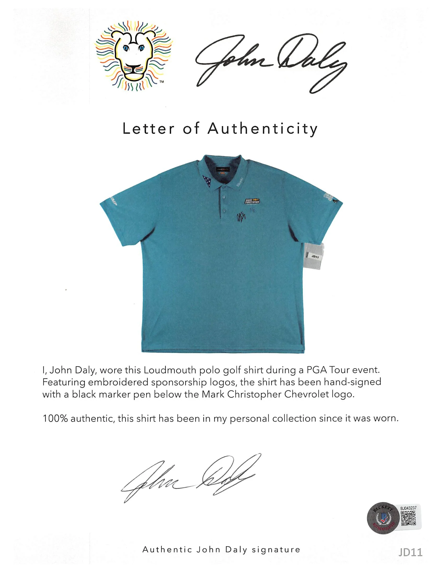John Daly Authentic Signed Match Worn Teal Loudmouth Polo Shirt BAS #BH00357 - Image 6
