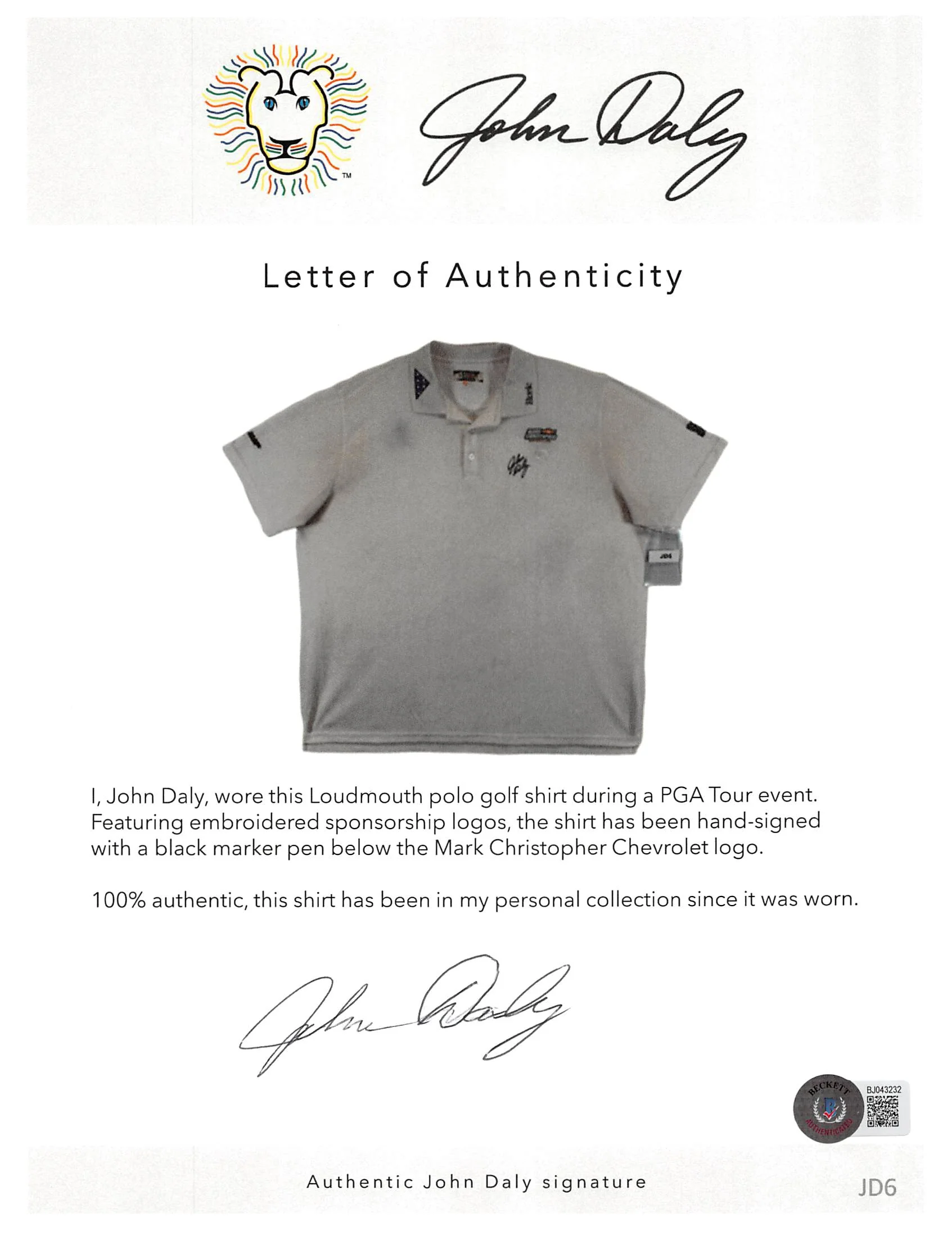 John Daly Authentic Signed Match Worn White Loudmouth Polo Shirt BAS #6BH00352 - Image 9