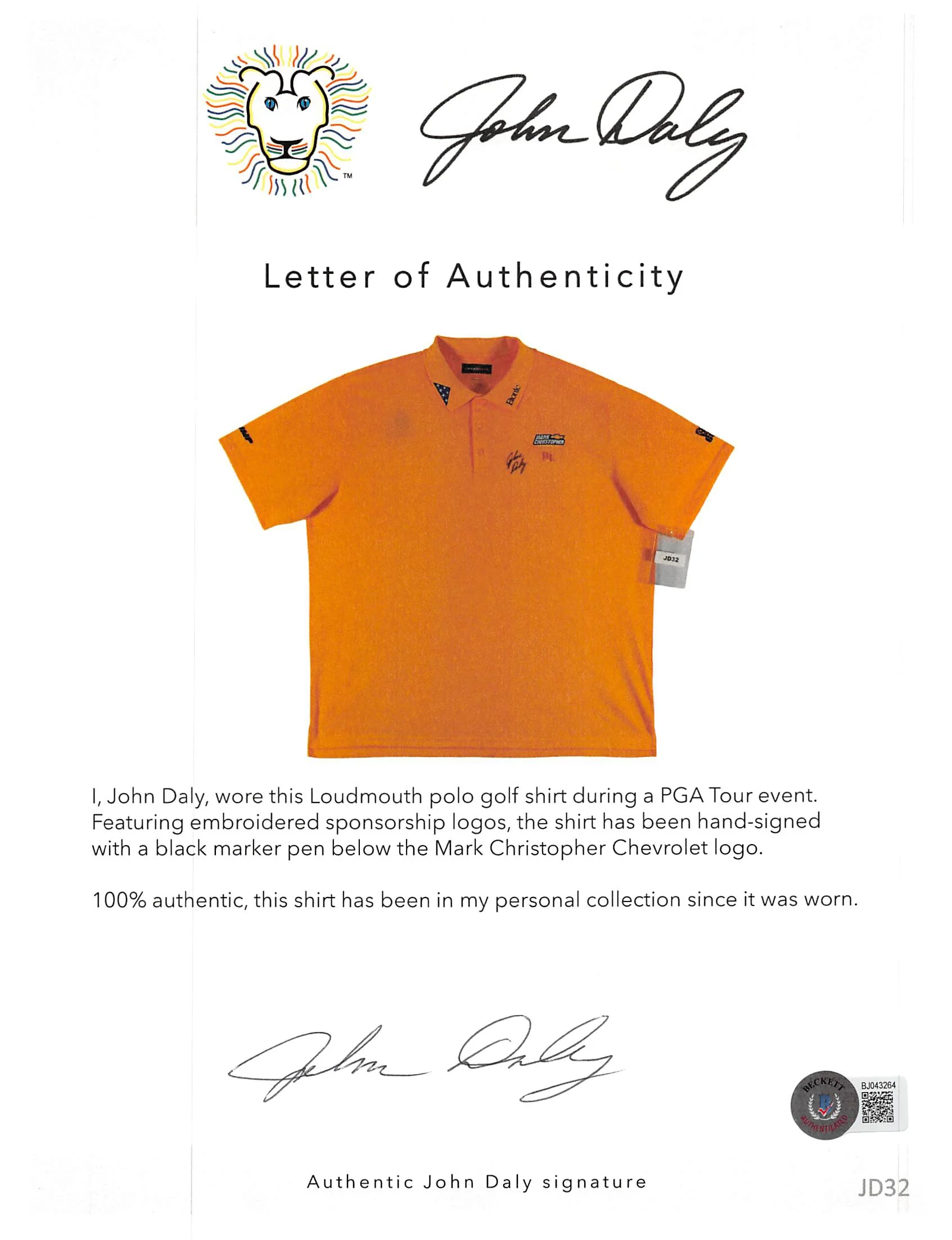 John Daly Authentic Signed Match Worn Yellow Loudmouth Golf Shirt BAS #BH00345 - Image 6