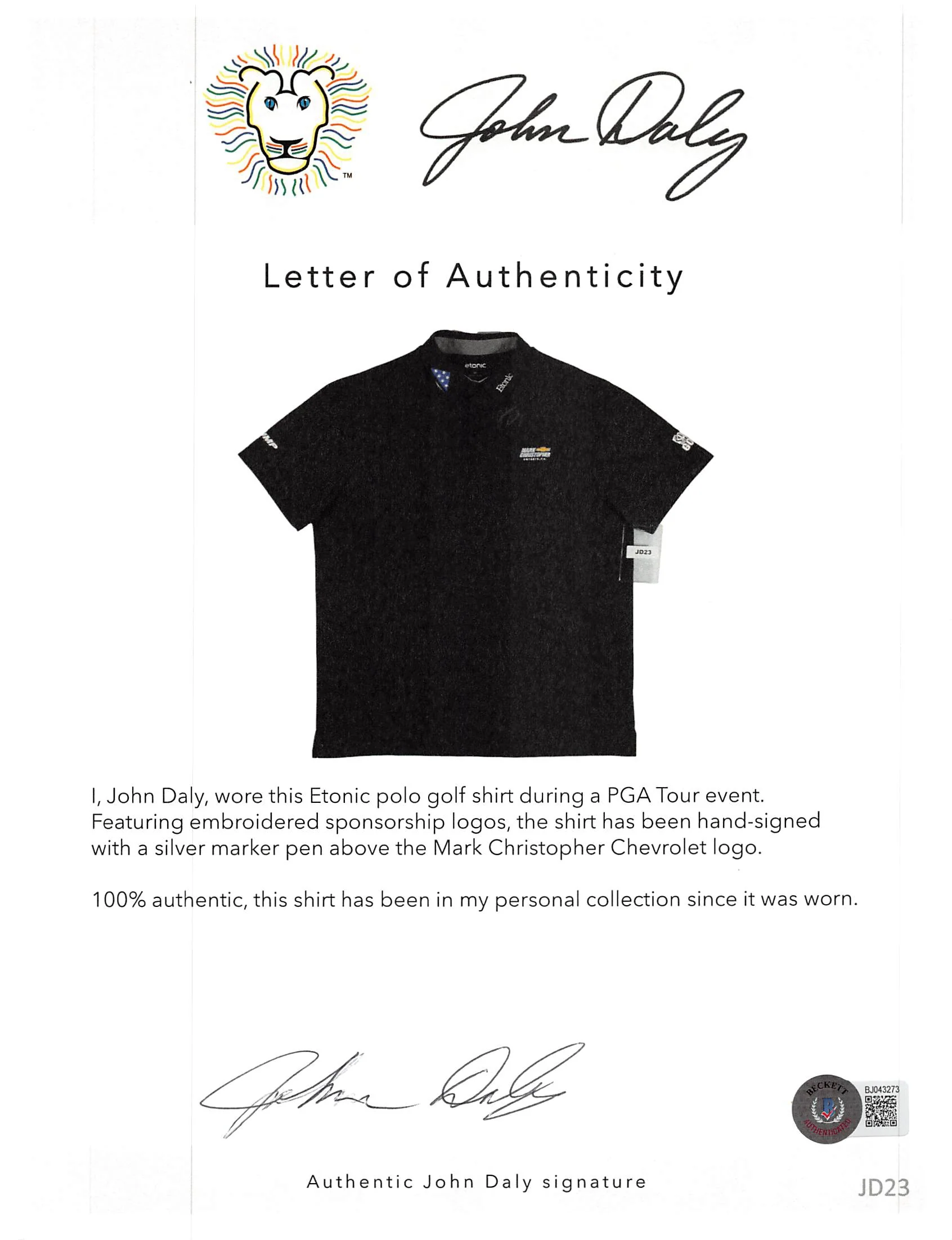 John Daly Signed Match Worn Black Folds Of Honor Etonic Polo Shirt BAS #BH00354 - Image 6
