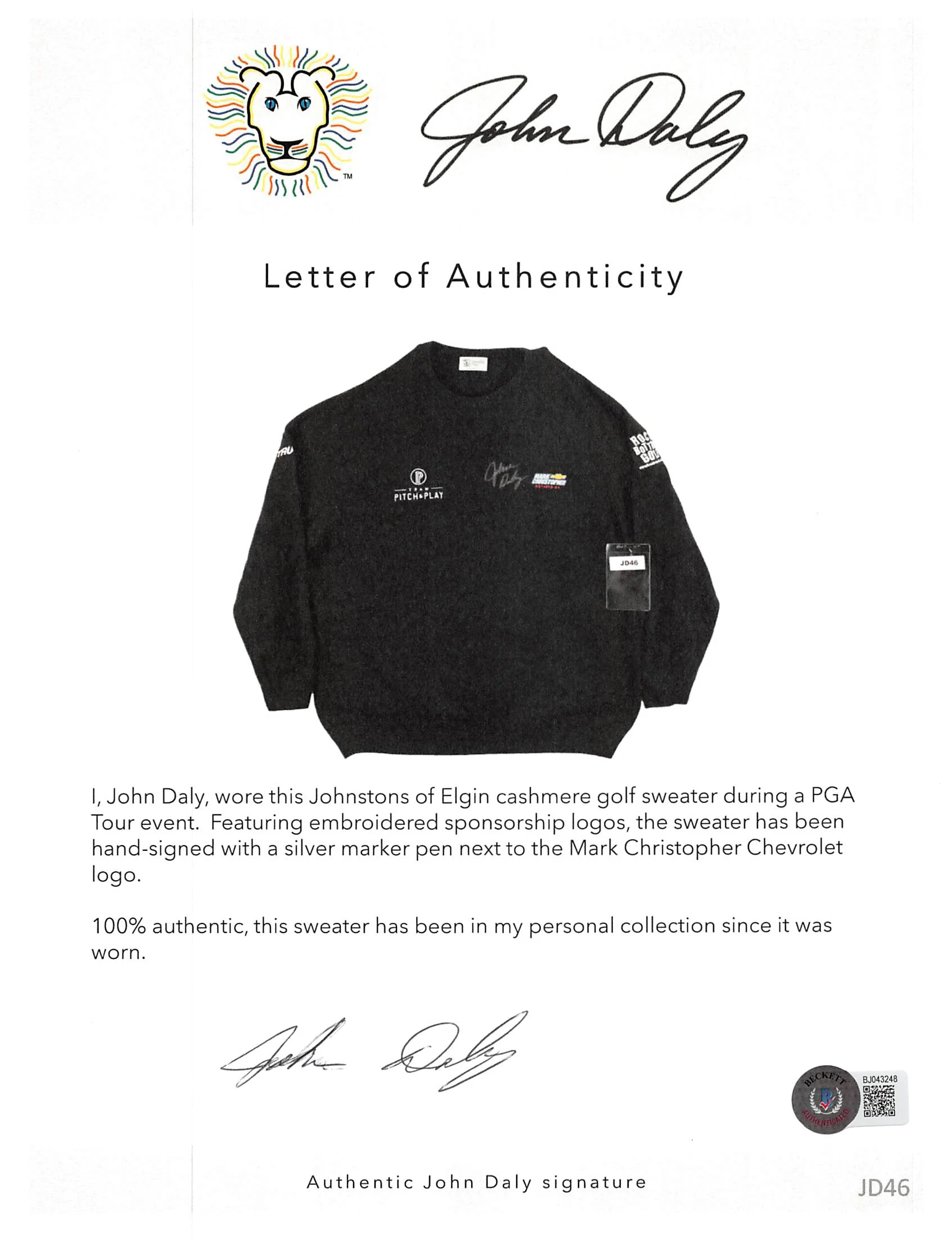 John Daly Signed Match Worn Black Johnstons of Elgin Cashmere Sweater BAS - Image 5