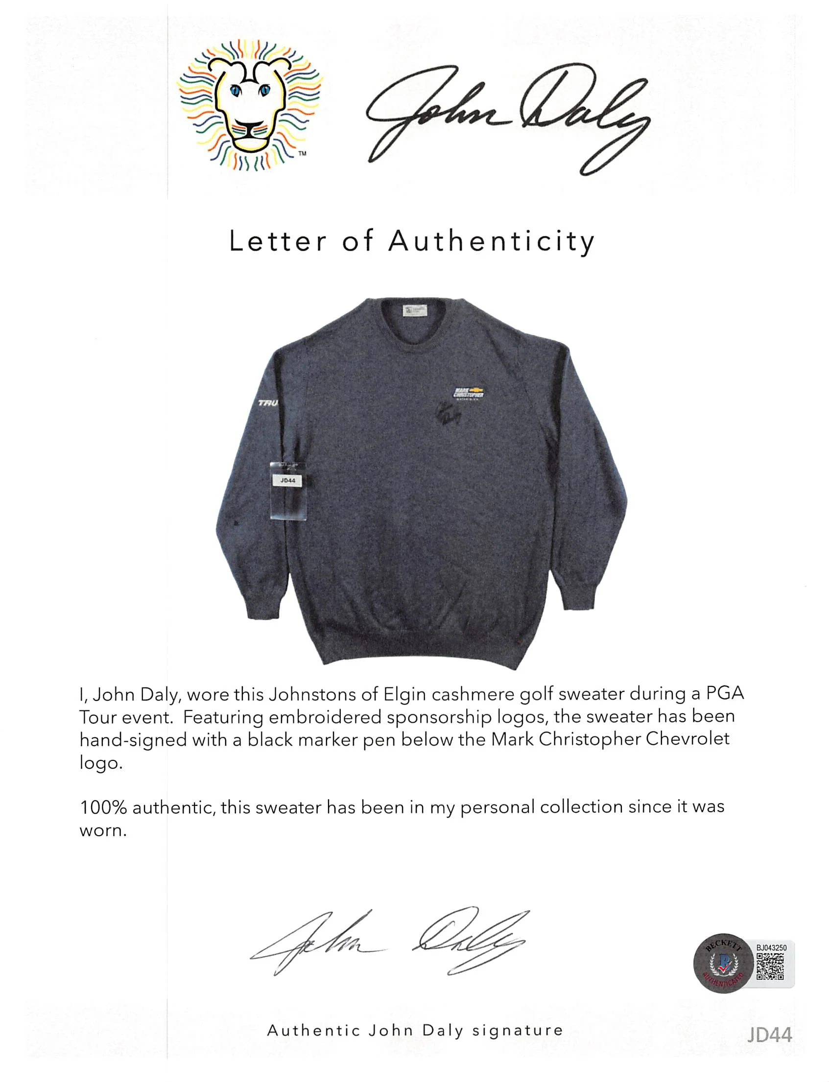 John Daly Signed Match Worn Blue Johnstons of Elgin Cashmere Sweater BAS - Image 5