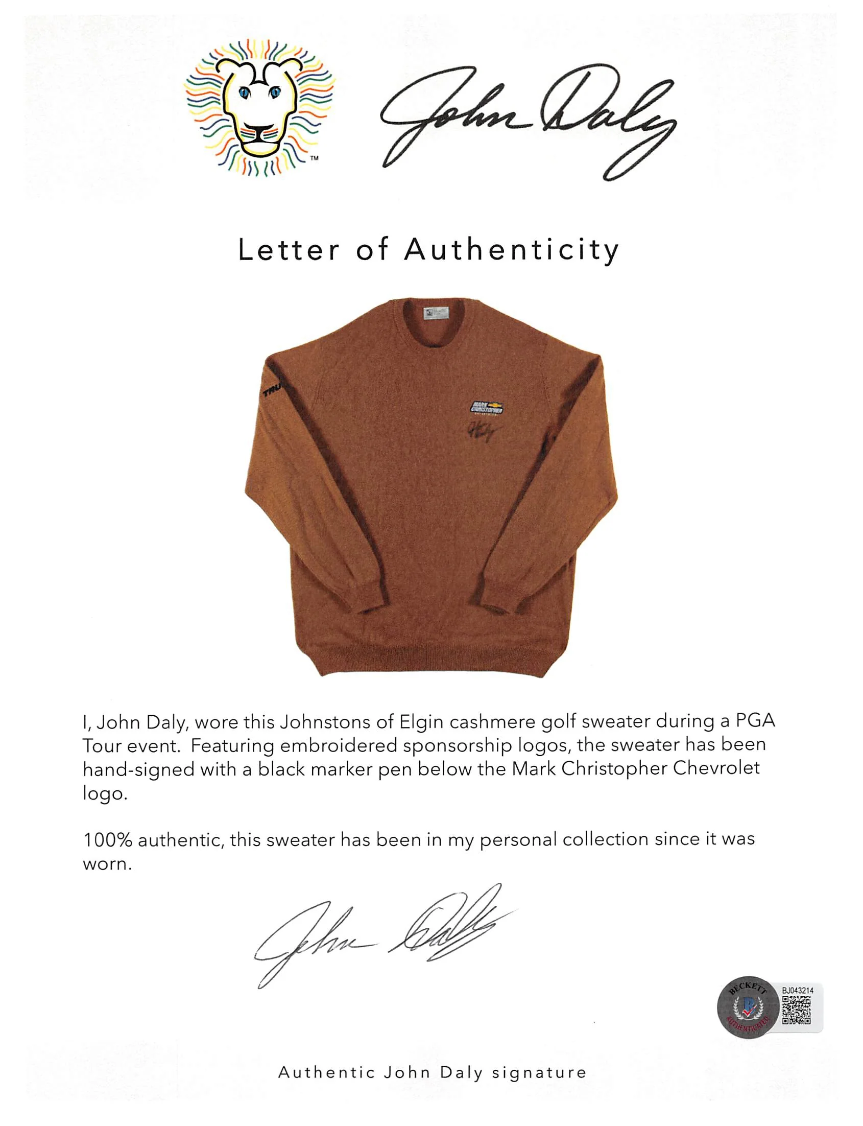 John Daly Signed Match Worn Brown Johnstons of Elgin Cashmere Sweater BAS - Image 8