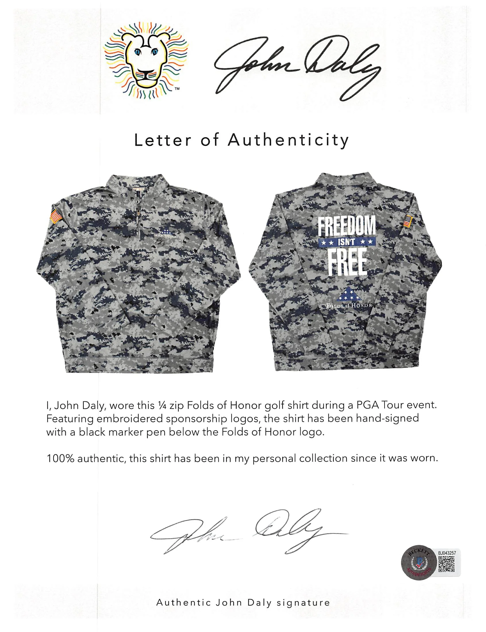 John Daly Signed Match Worn Camo Folds of Honor Quarter Zip Shirt BAS #BH00337 - Image 6