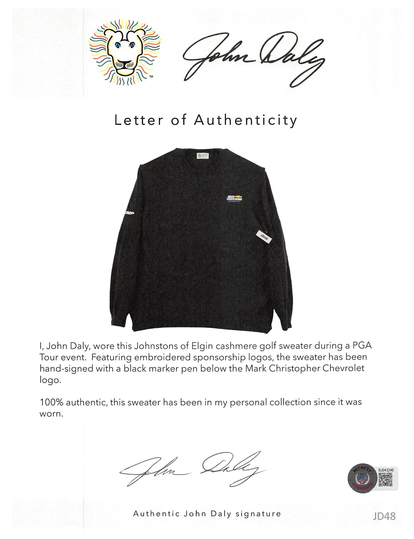 John Daly Signed Match Worn Dark Gray Johnstons of Elgin Cashmere Sweater BAS 1 - Image 4