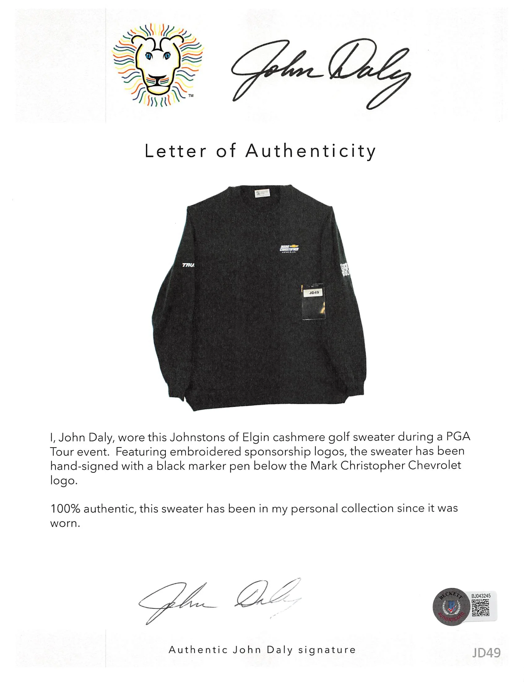 John Daly Signed Match Worn Dark Green Johnstons of Elgin Cashmere Sweater BAS - Image 4