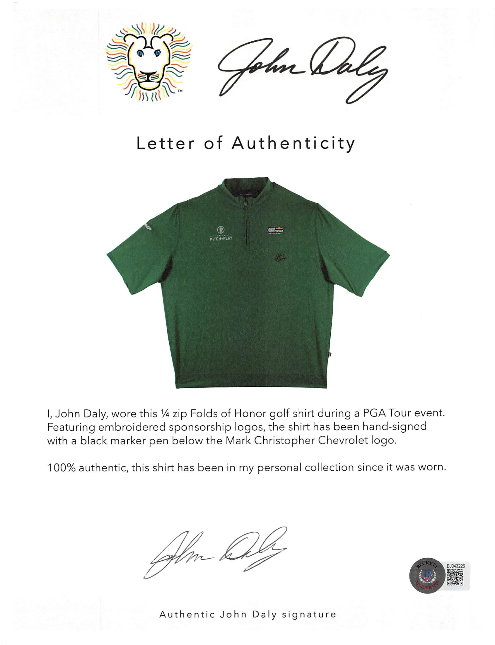 John Daly Signed Match Worn Green Folds of Honor Quarter Zip Shirt BAS #BH00322 - Image 8