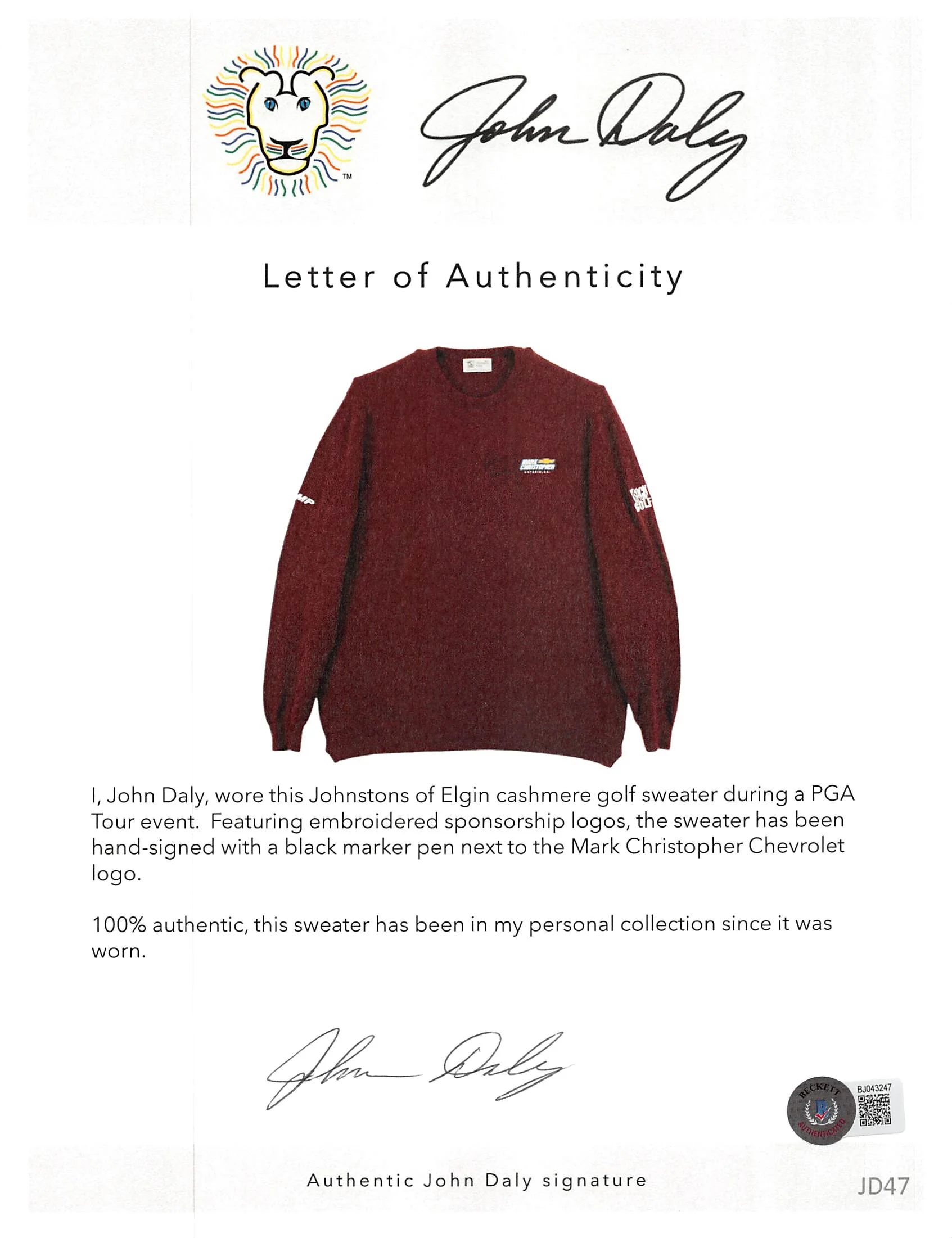 John Daly Signed Match Worn Maroon Johnstons of Elgin Cashmere Sweater BAS - Image 4